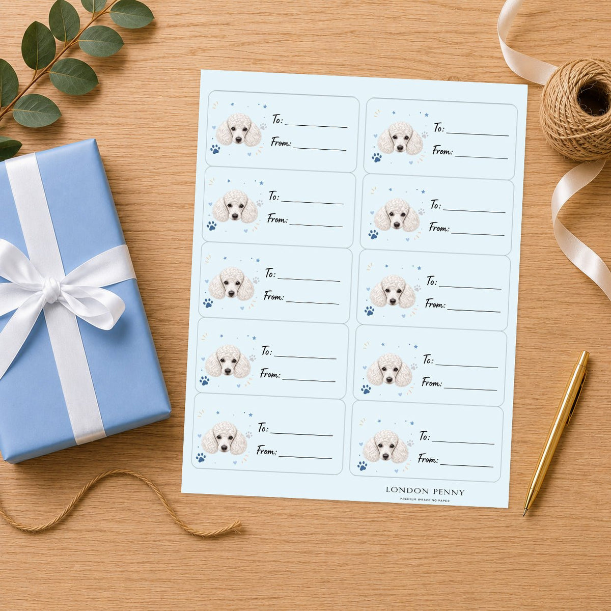 Poodle Pawprint Wishes Gift Tag Sticker Sheet