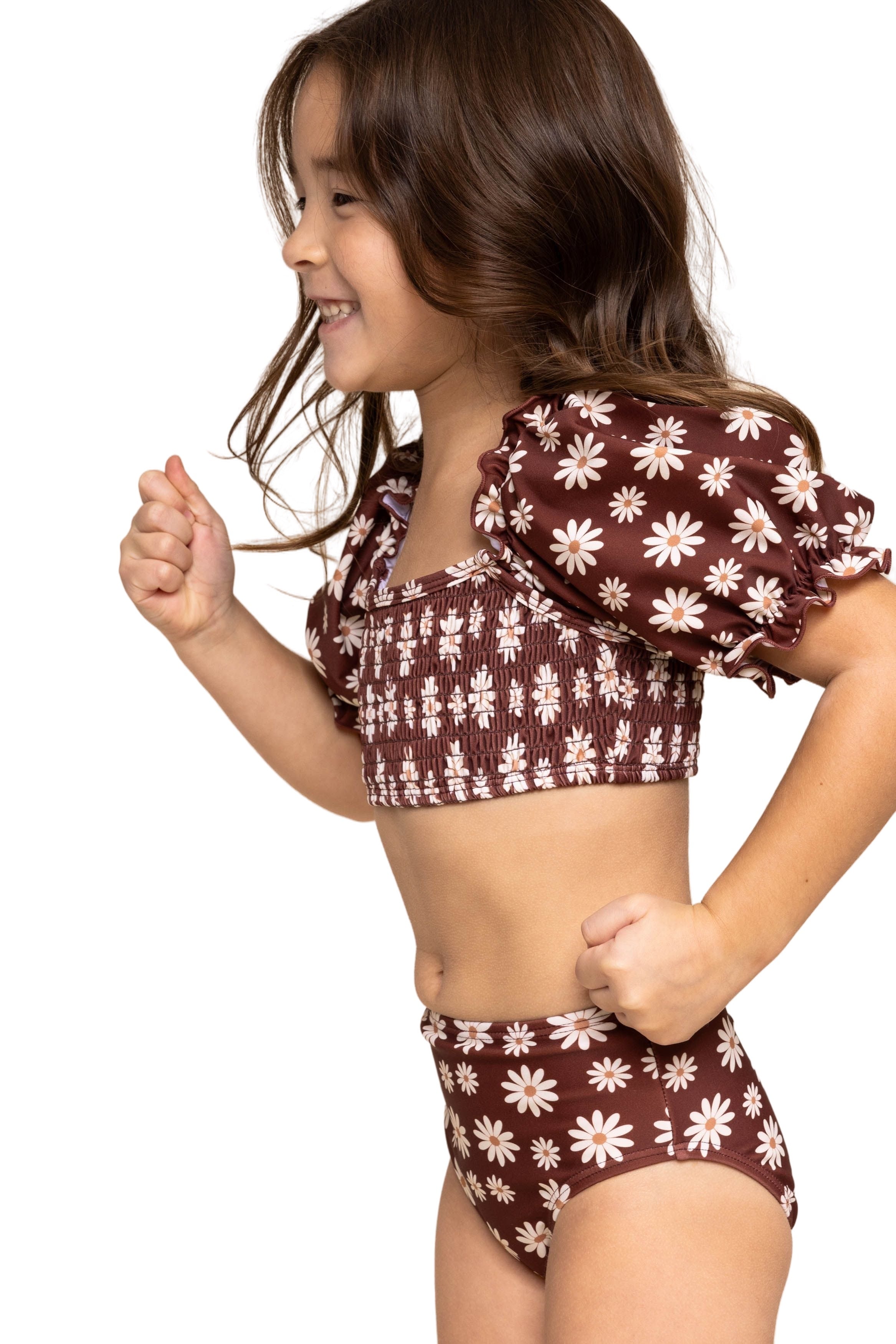 Girl's Sleeved Bikini | Warm Brown Floral