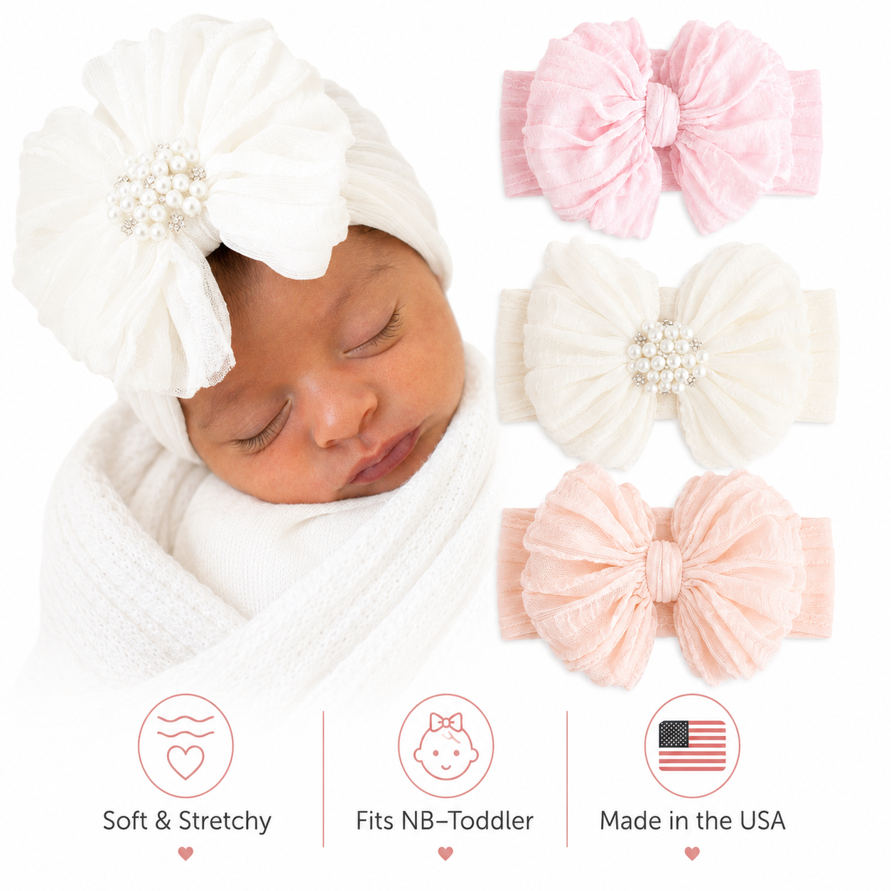 Pretty In Pearls | Signature Ruffled Baby Headband Set Of 3 (pre-order)