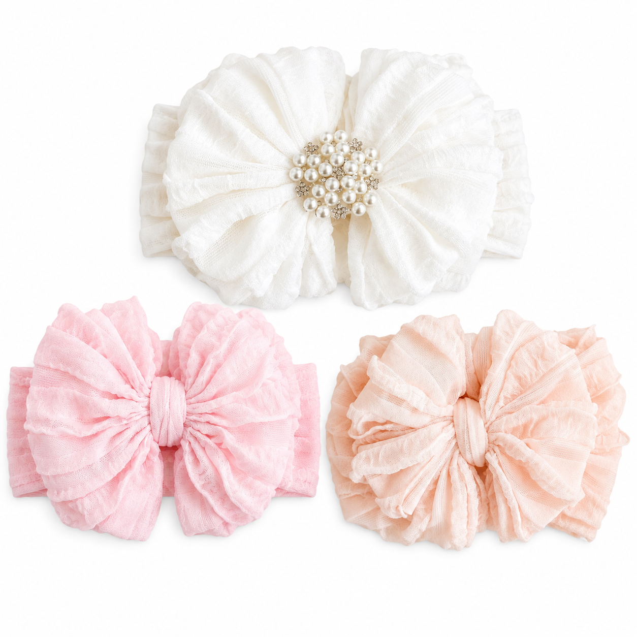 Pretty In Pearls | Signature Ruffled Baby Headband Set Of 3 (pre-order)