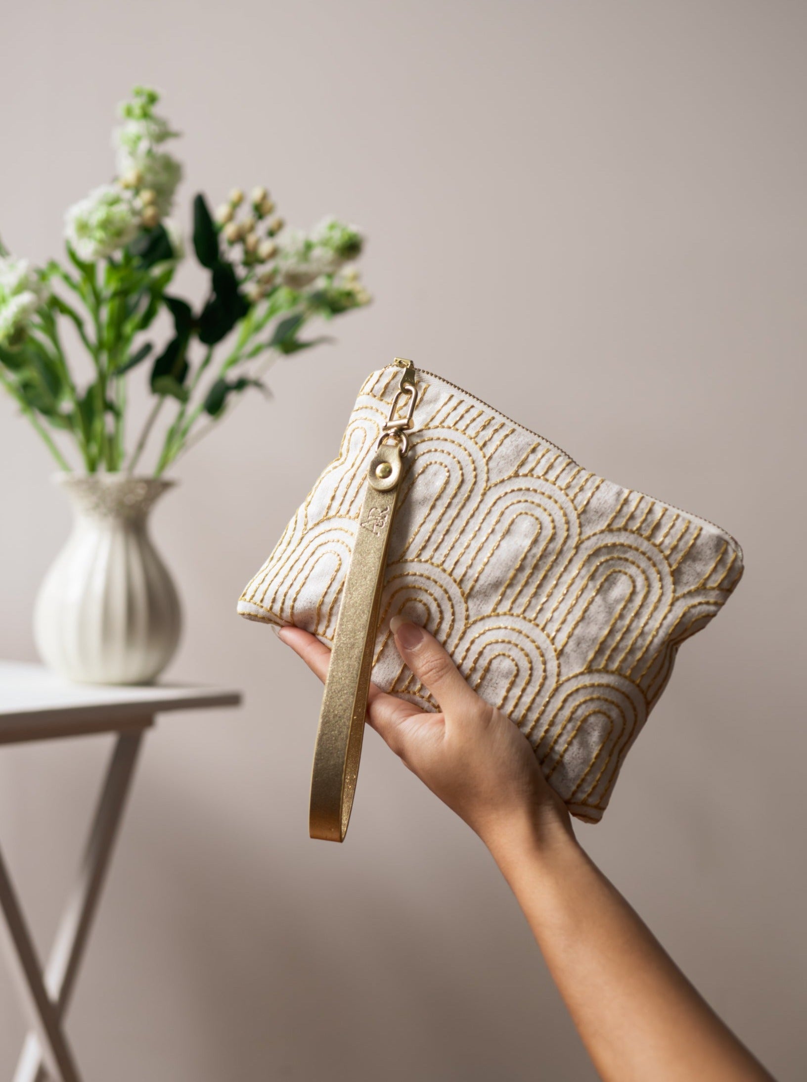 Josephine Embroidered Gold And White Wristlet Purse