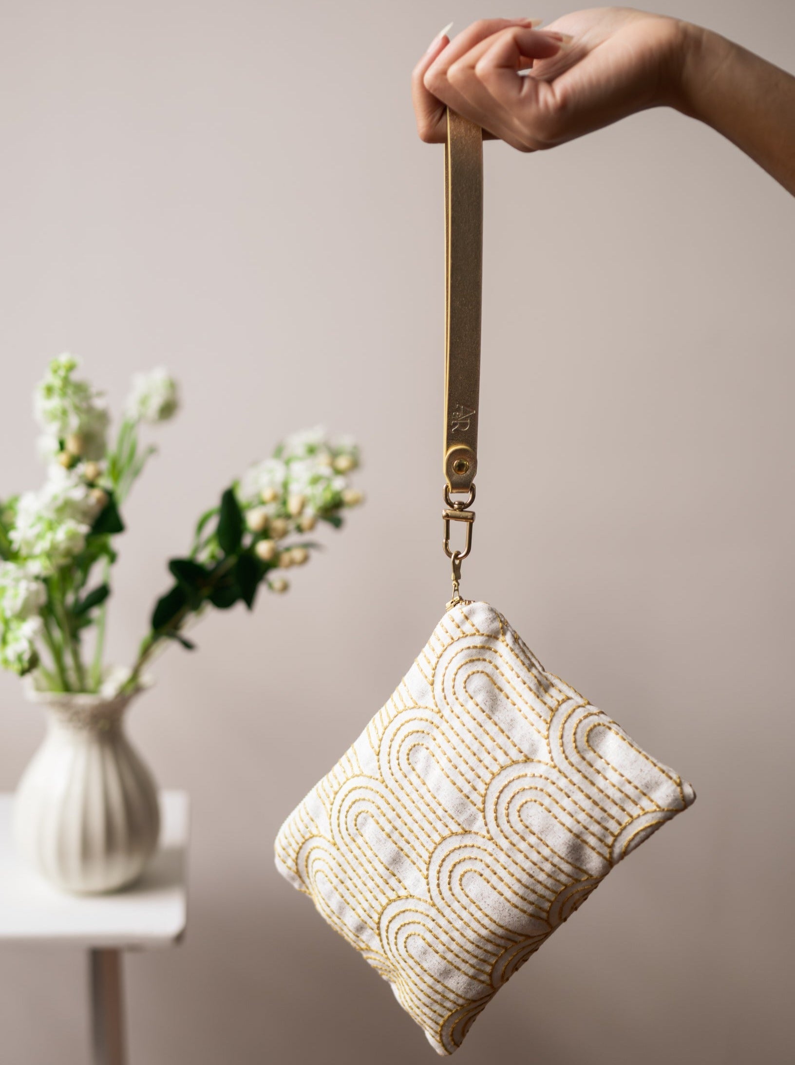 Josephine Embroidered Gold And White Wristlet Purse