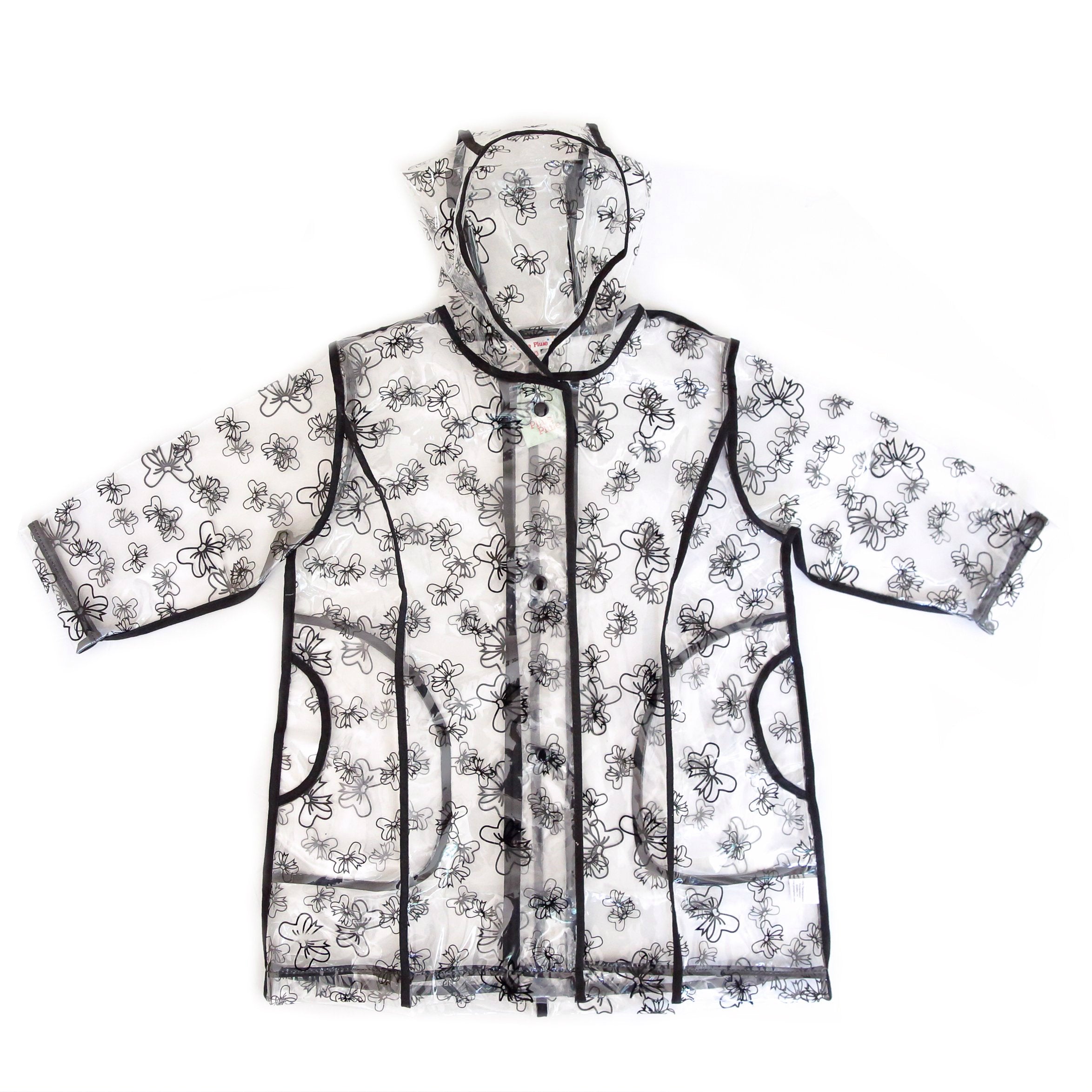 Transparent Raincoat With Black Trim And Bow Print