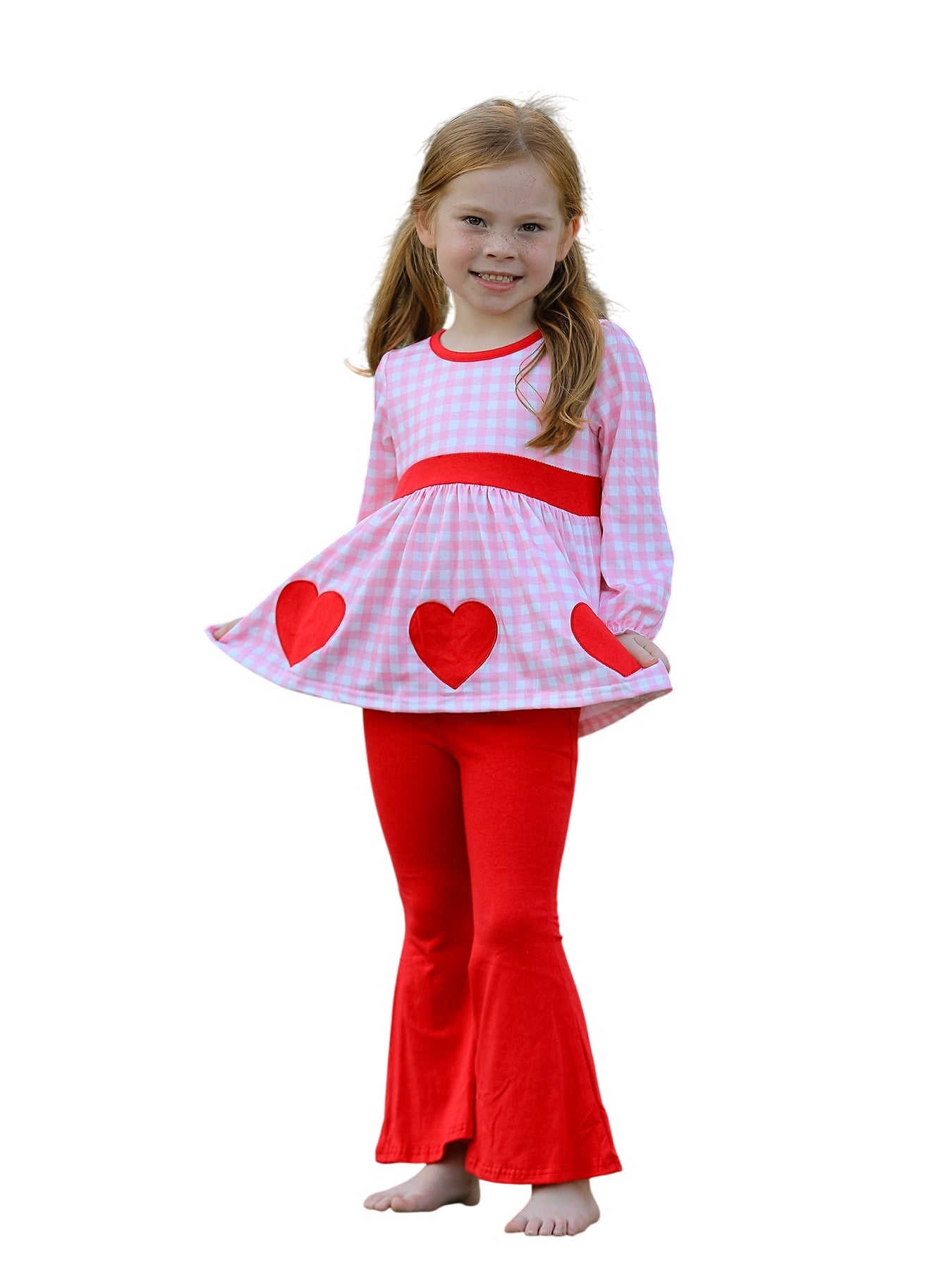 Girls Valentine's Day Heart Applique Plaid Outfits Set
