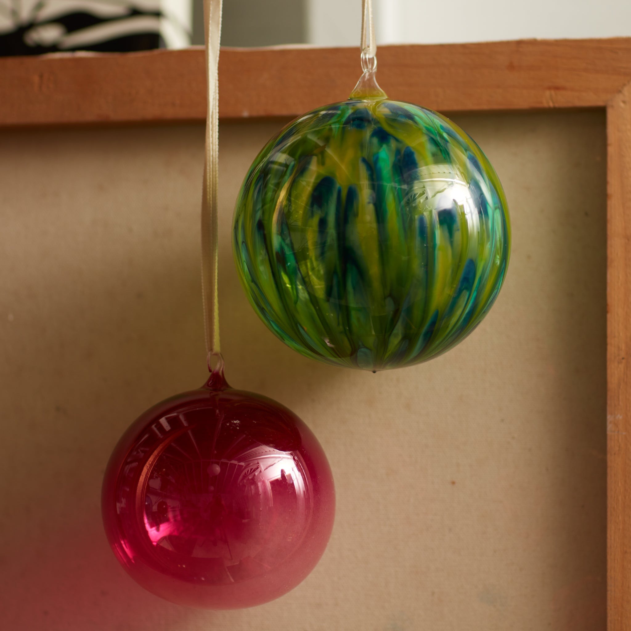 Feather Paint Large Glass Balls, Green, Set Of Two