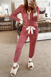 Red Stripe Buttoned V Neck Top And Knotted Waist Pants Lounge Set