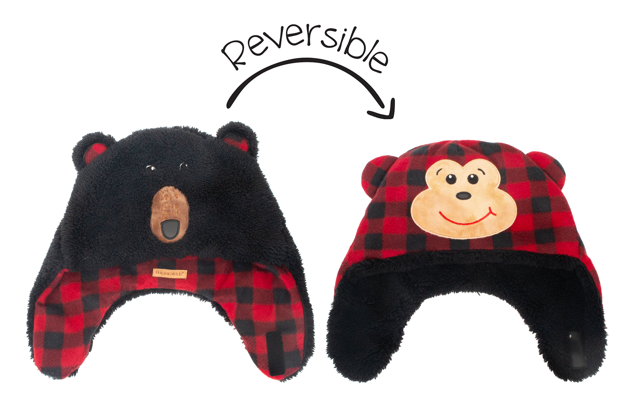 Baby/kids Reversible Sherpa Hat - Black Bear/monkey