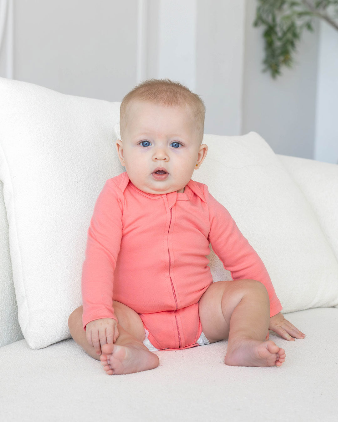 Long Sleeve Zipper Bodysuit In Rose, 0-3m