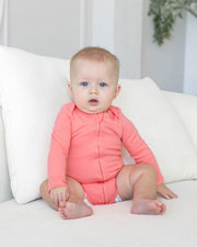 Long Sleeve Zipper Bodysuit In Rose, 3-6m