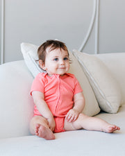Short Sleeve Zipper Bodysuit In Rose, 0-3m