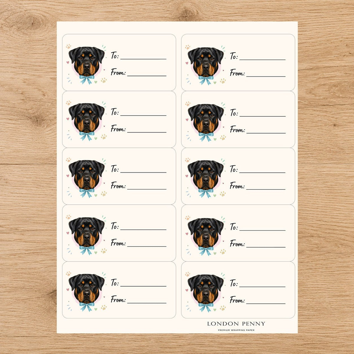Rottweiler Paws & Bows Gift Tag Sticker Sheet