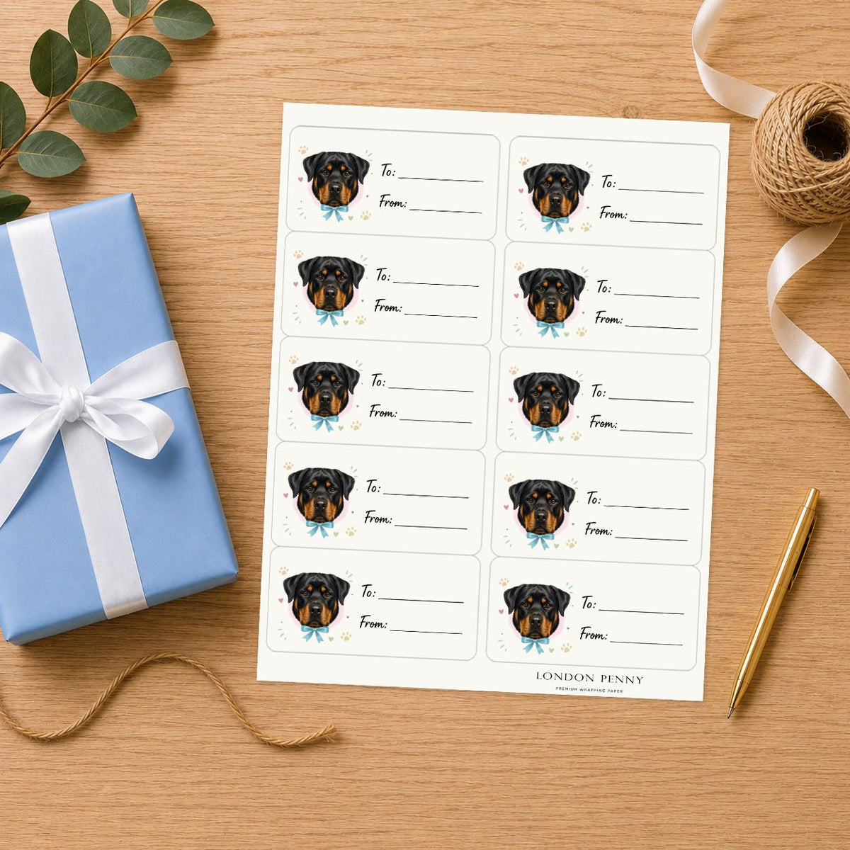 Rottweiler Paws & Bows Gift Tag Sticker Sheet