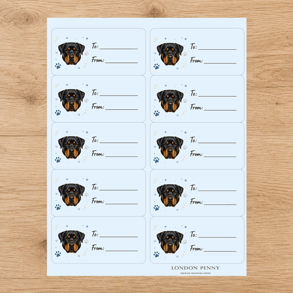 Rottweiler Pawprint Wishes Gift Tag Sticker Sheet