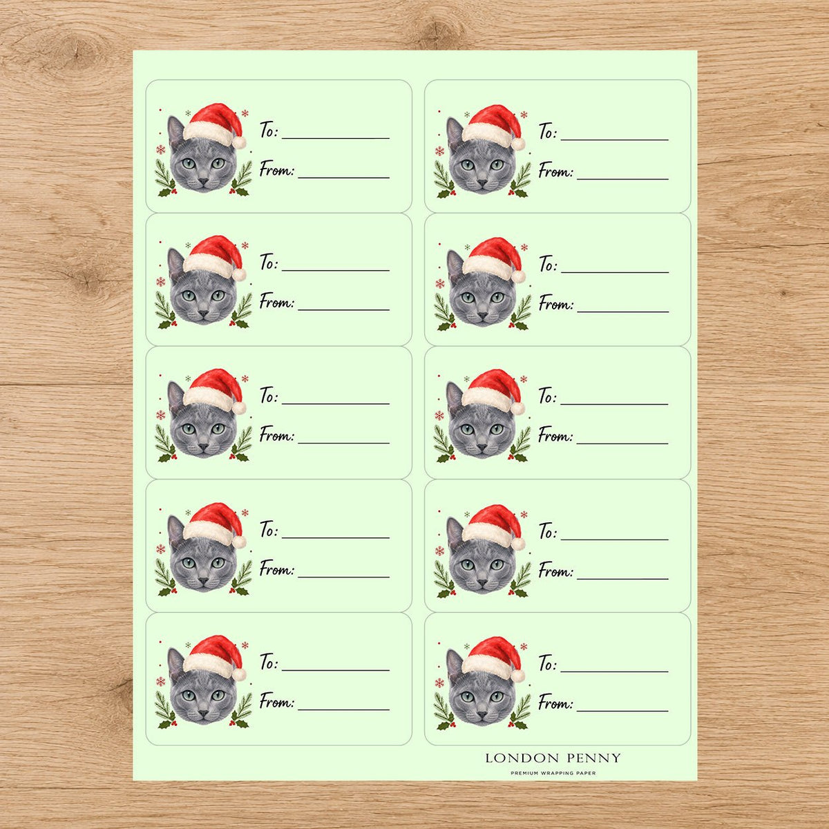 Russian Blue Santa Paws Gift Tag Sticker Sheet