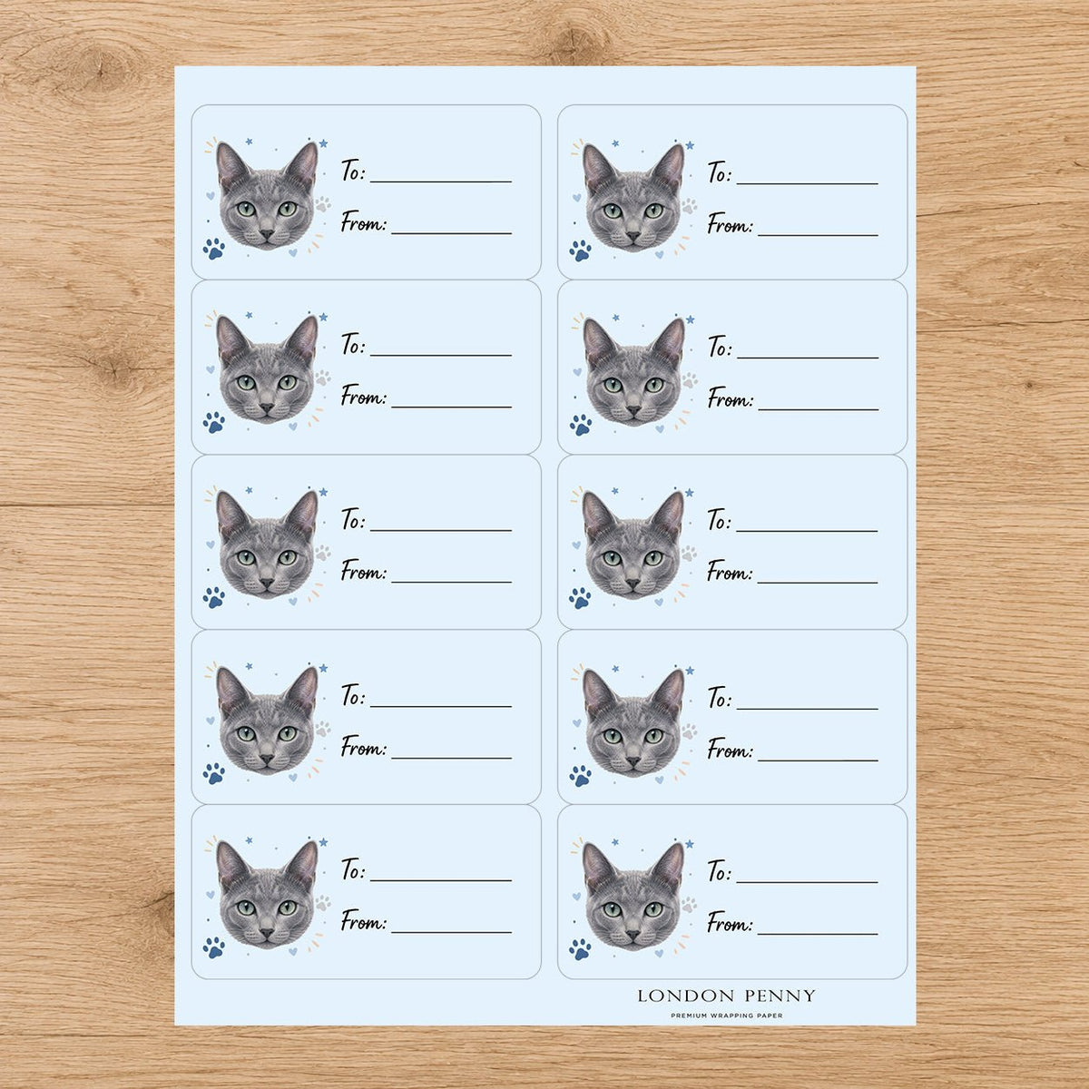 Russian Blue Pawprint Wishes Gift Tag Sticker Sheet