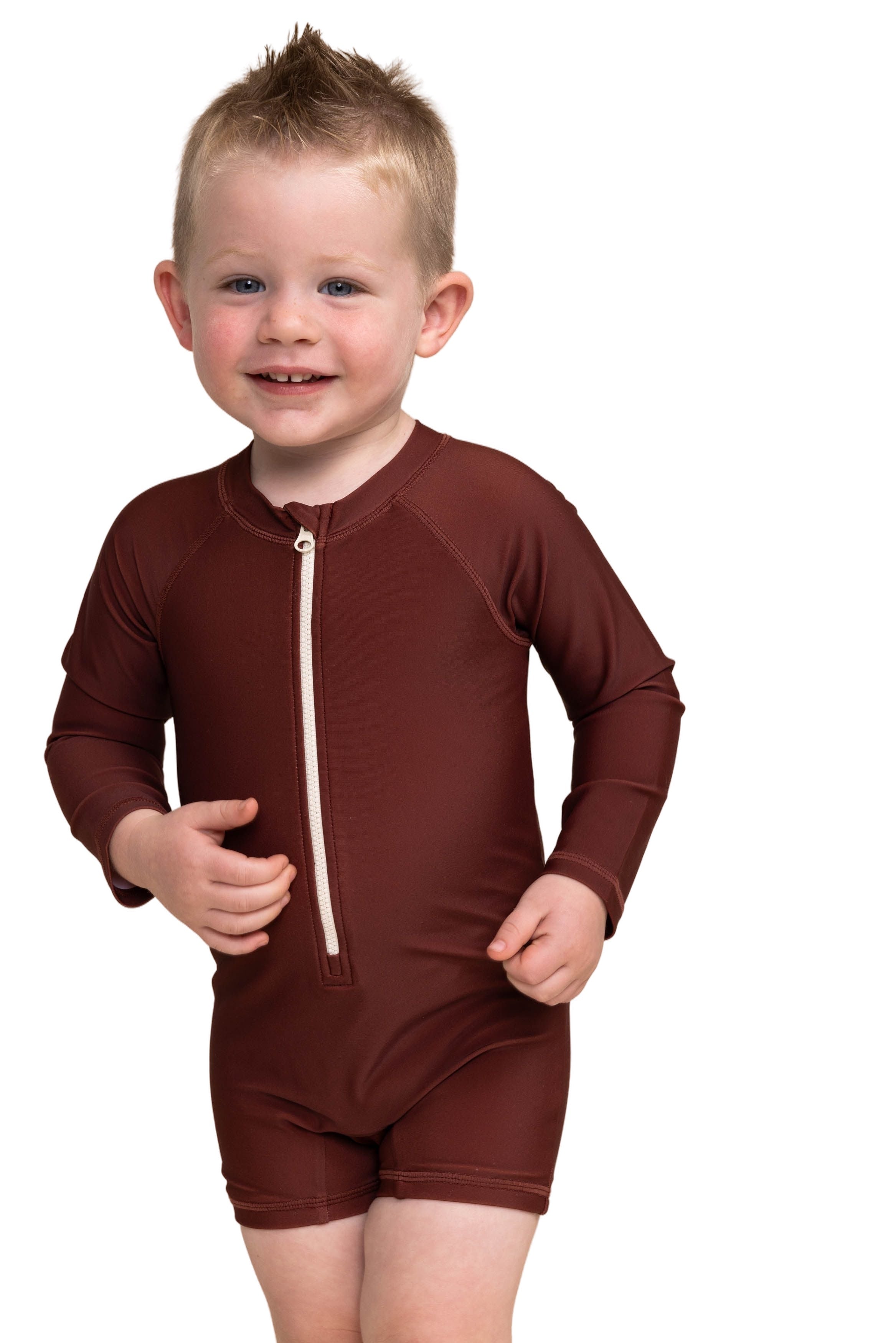 Boy's Zip Up Rashguard | Warm Brown/tan Color Block