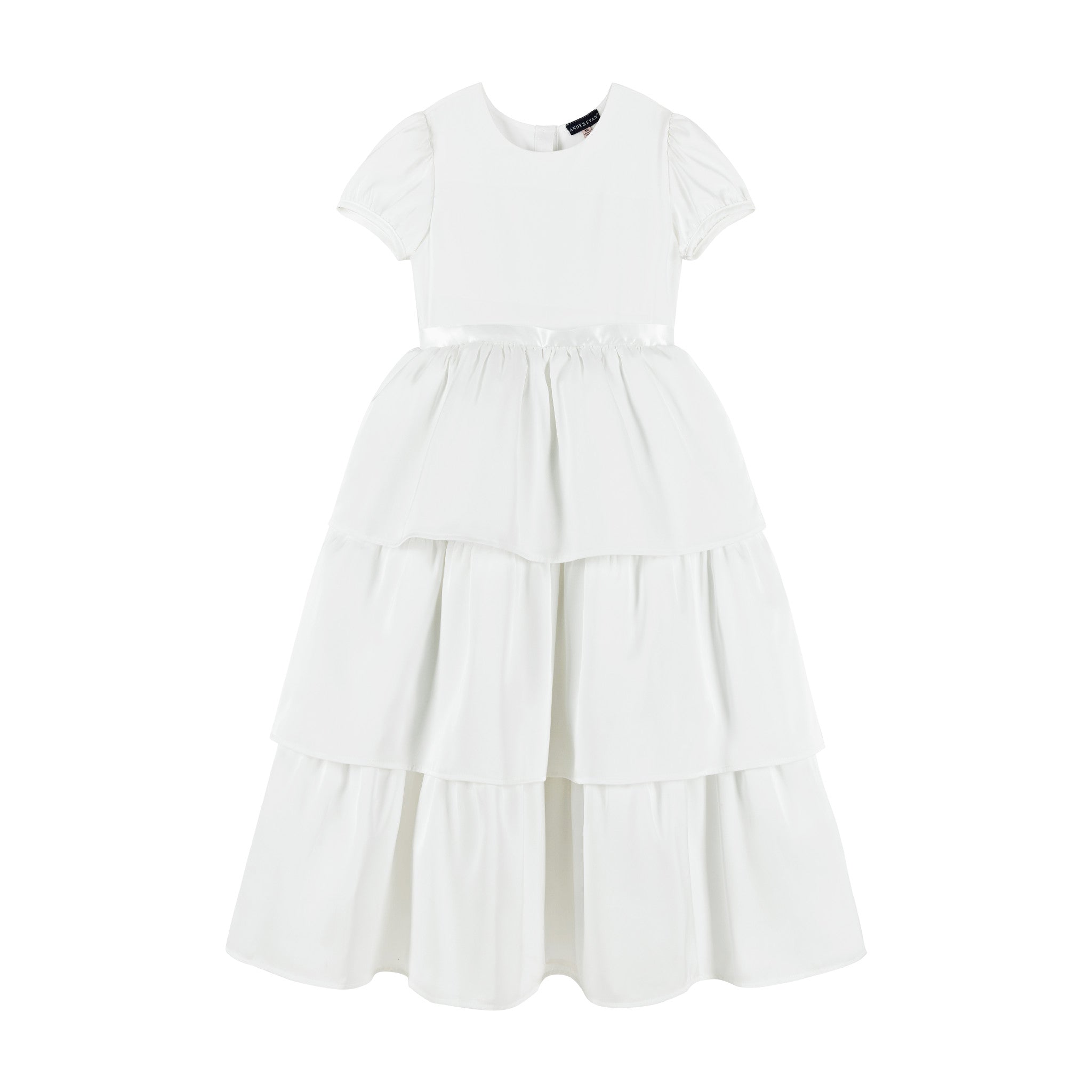 Tween Puff Sleeve Satin Tiered Dress (size 7-16) | White