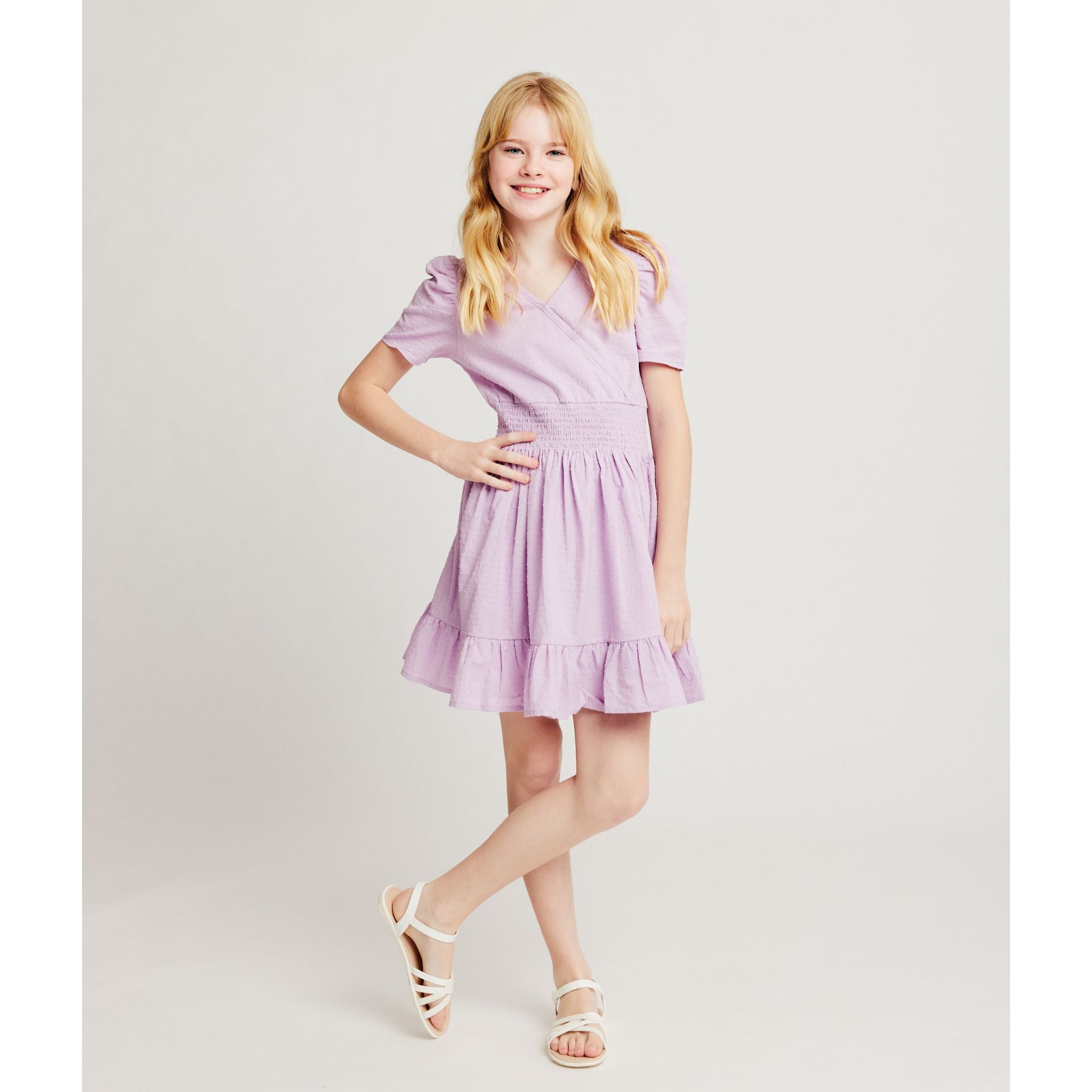Short Sleeve Smocking Dress (size 7-16 Years)| Purple