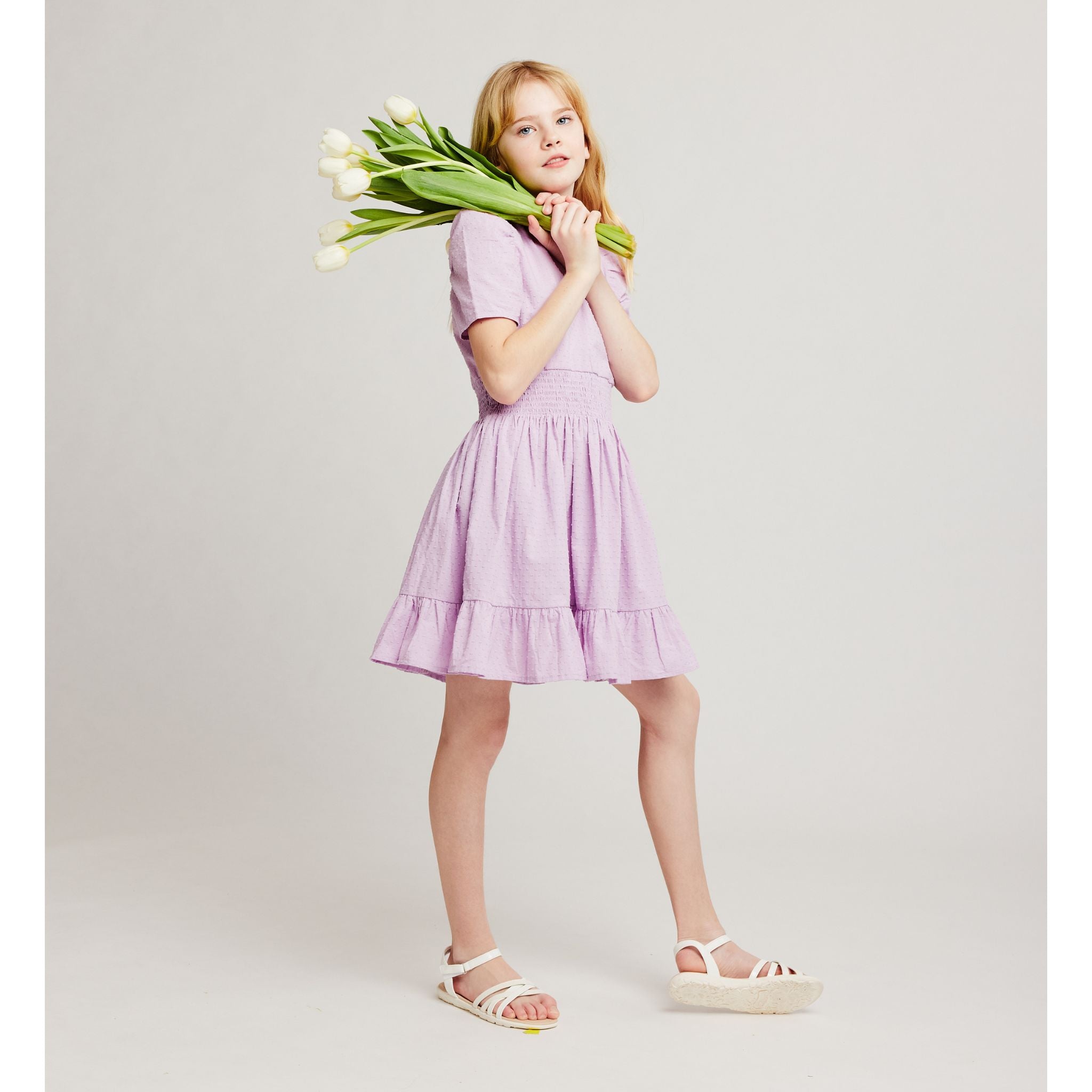 Short Sleeve Smocking Dress (size 7-16 Years)| Purple