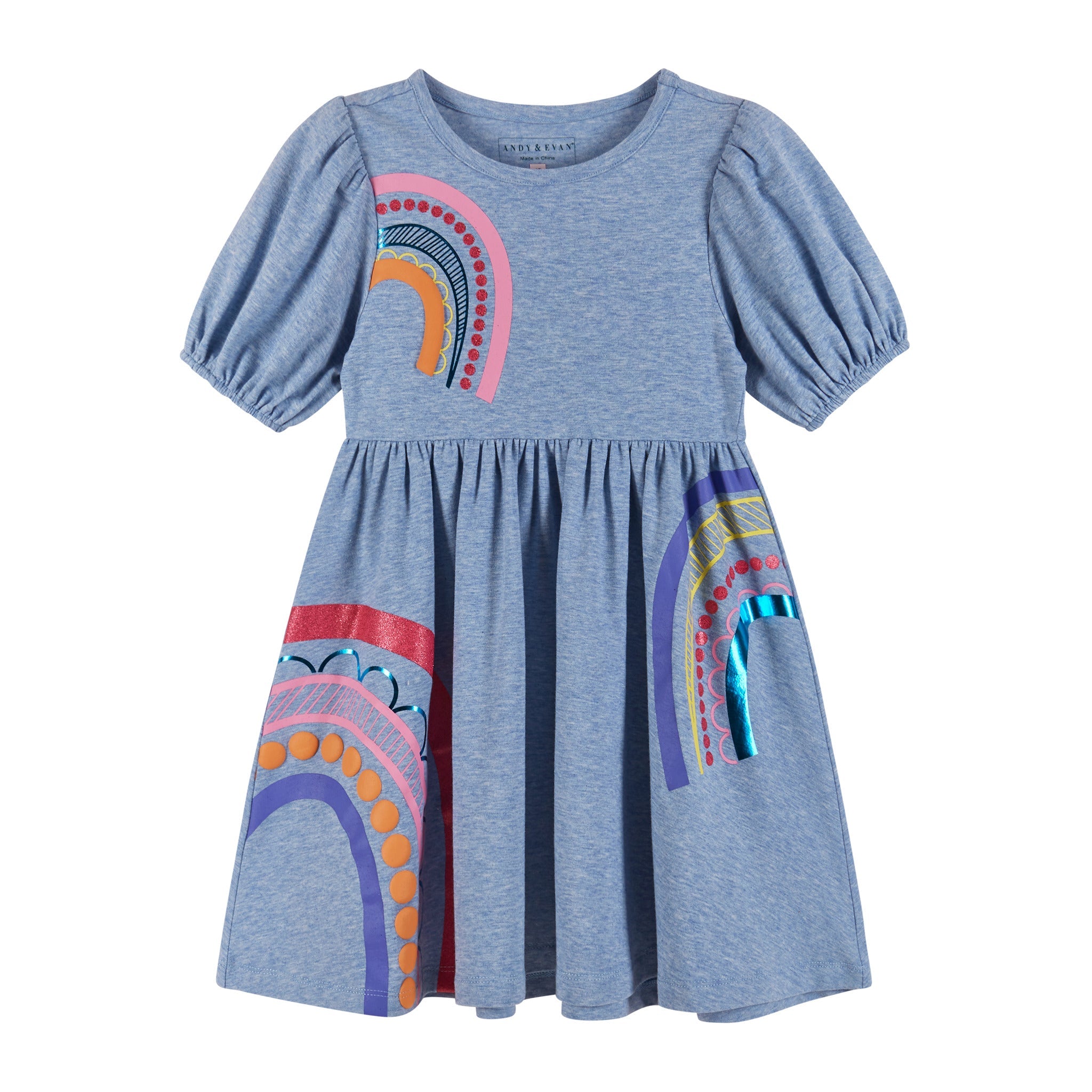 Puff-sleeve Rainbows Dress | Blue