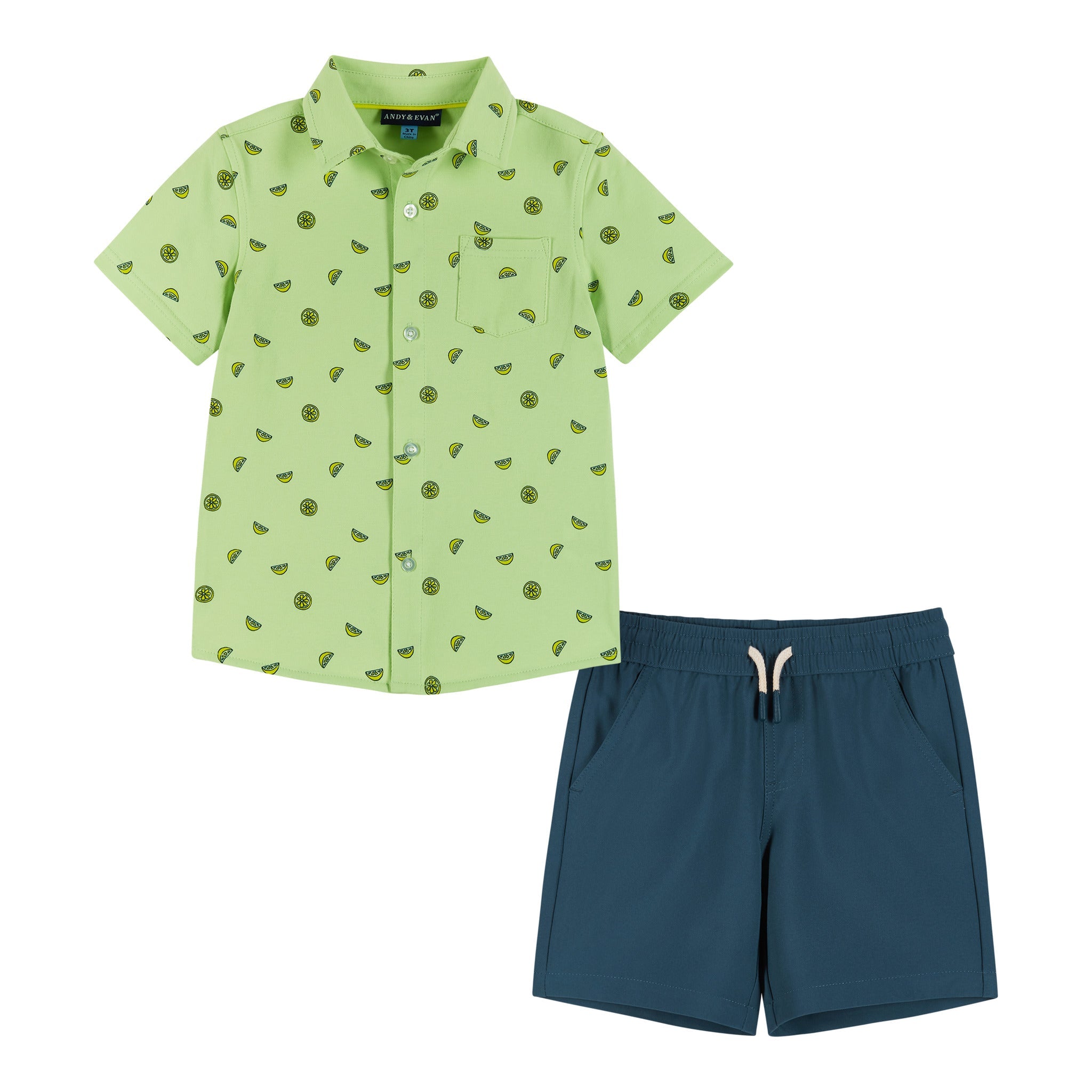 Short Sleeve Buttondown Shirt & Drawstring Short Set | Lt Green Lemon