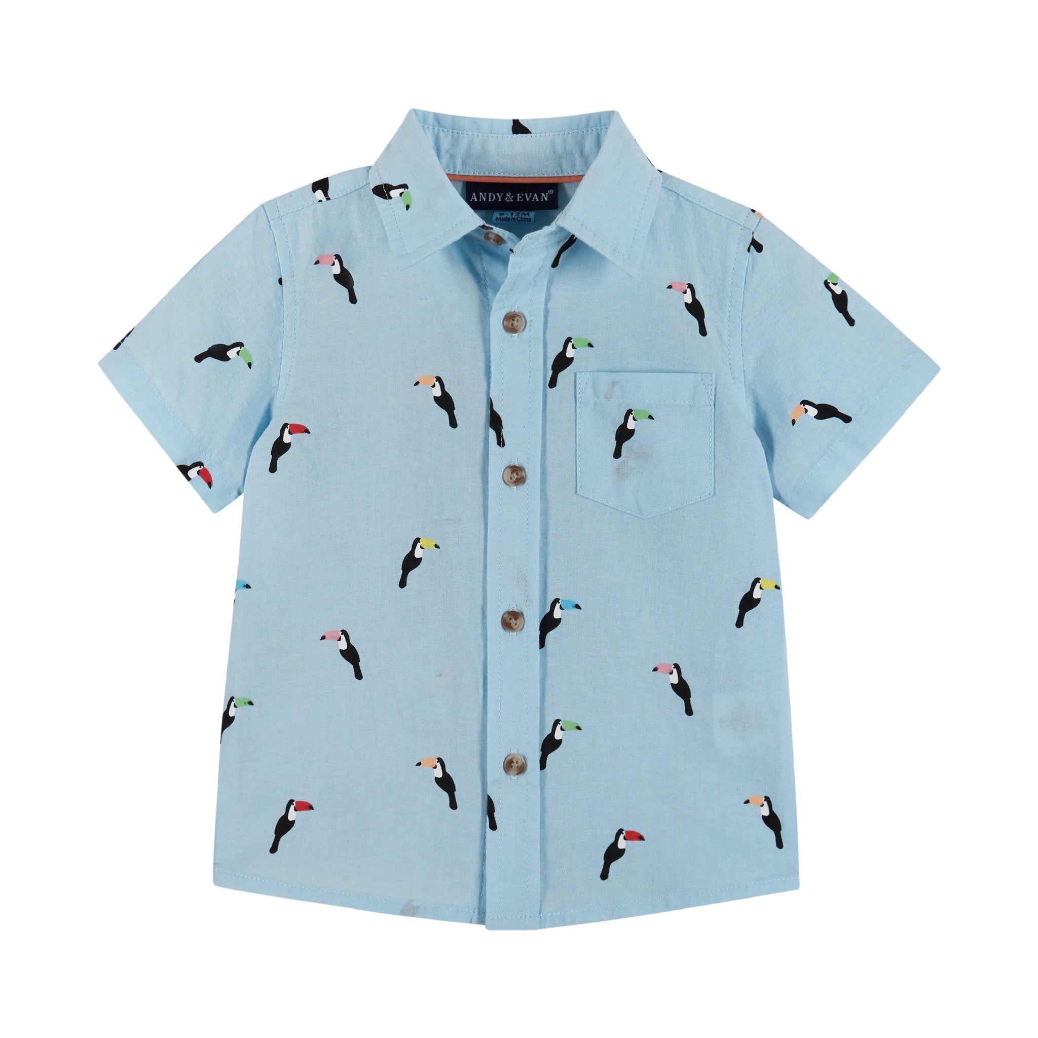 Infant Blue Print Woven Short Sleeve Buttondown Shirt & Beige Short Set