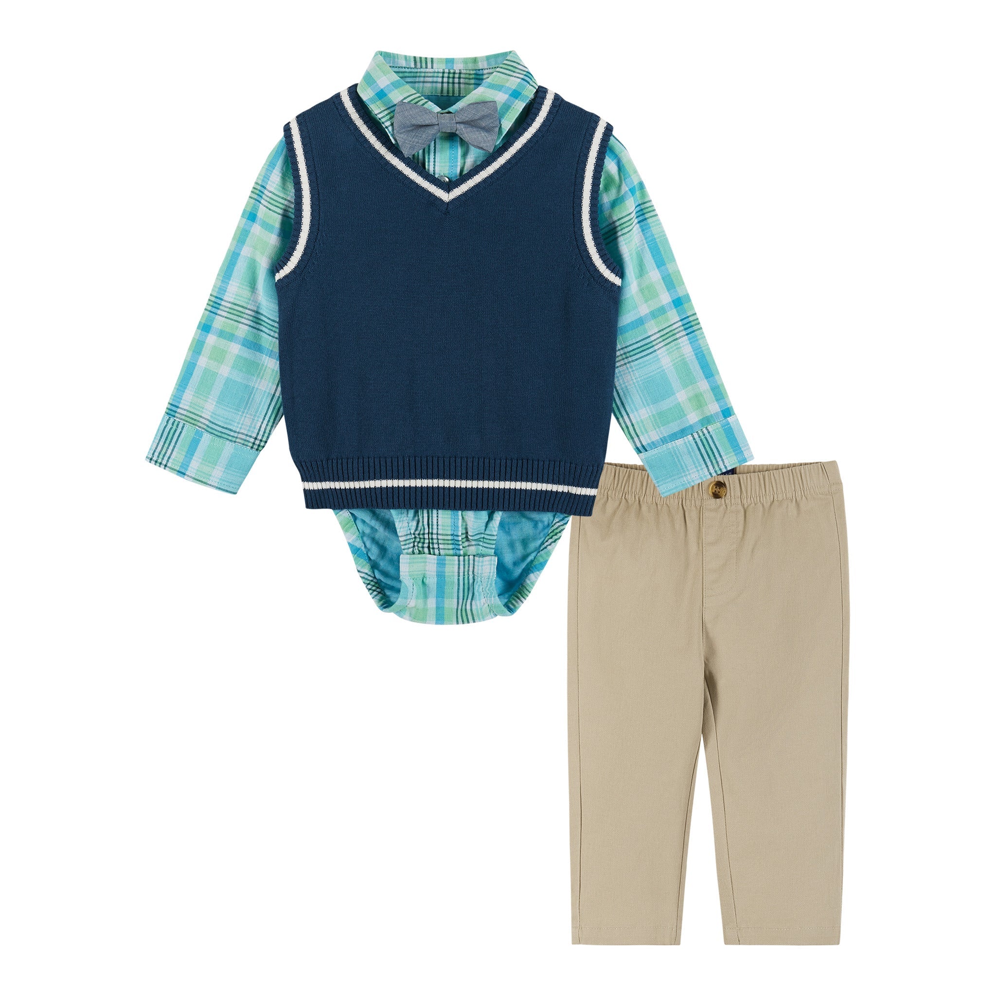 Infant 4-piece Plaid & Sweater Vest Set | Green & Navy