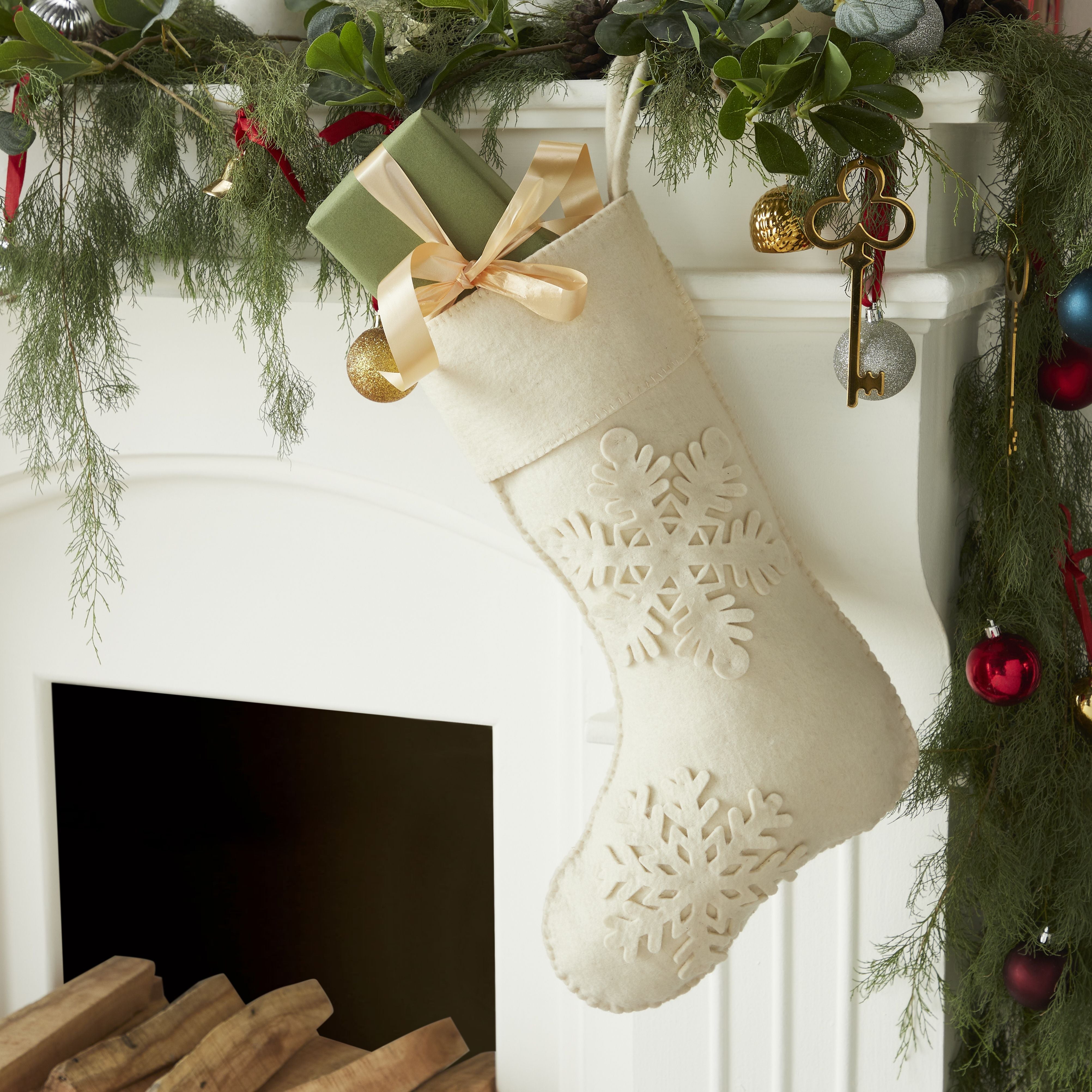 Cream Tacked Snowflake Christmas Stocking In Wool