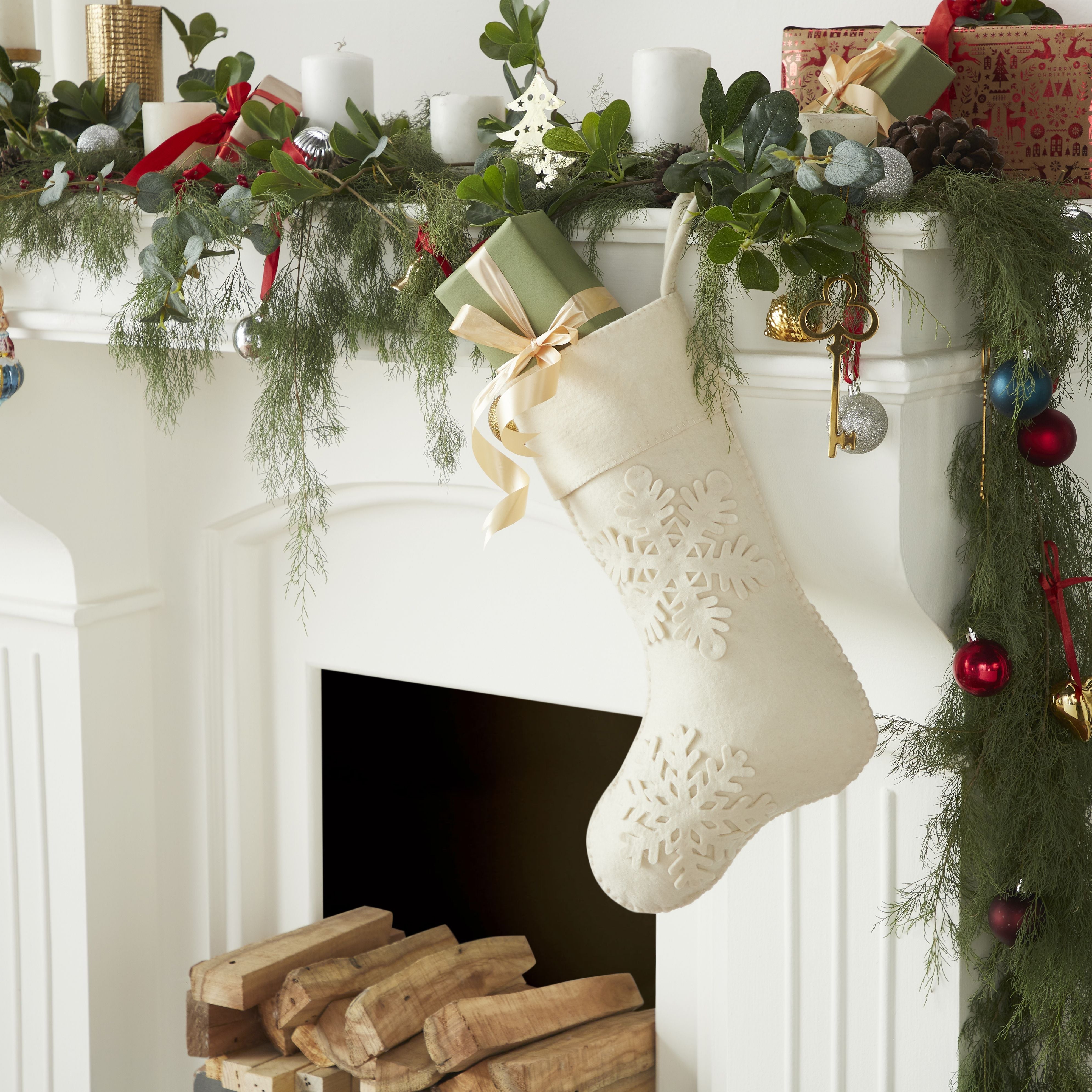 Cream Tacked Snowflake Christmas Stocking In Wool