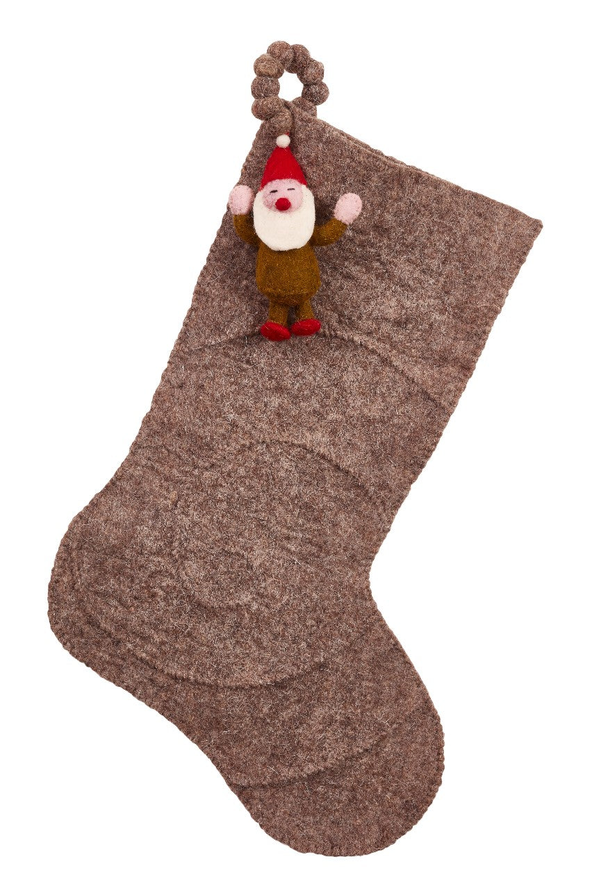 Gnome On Gray Christmas Stocking In Hand Felted Wool