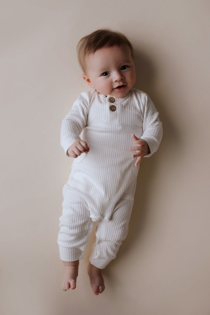 White Baby Ribbed Playsuit With Pockets