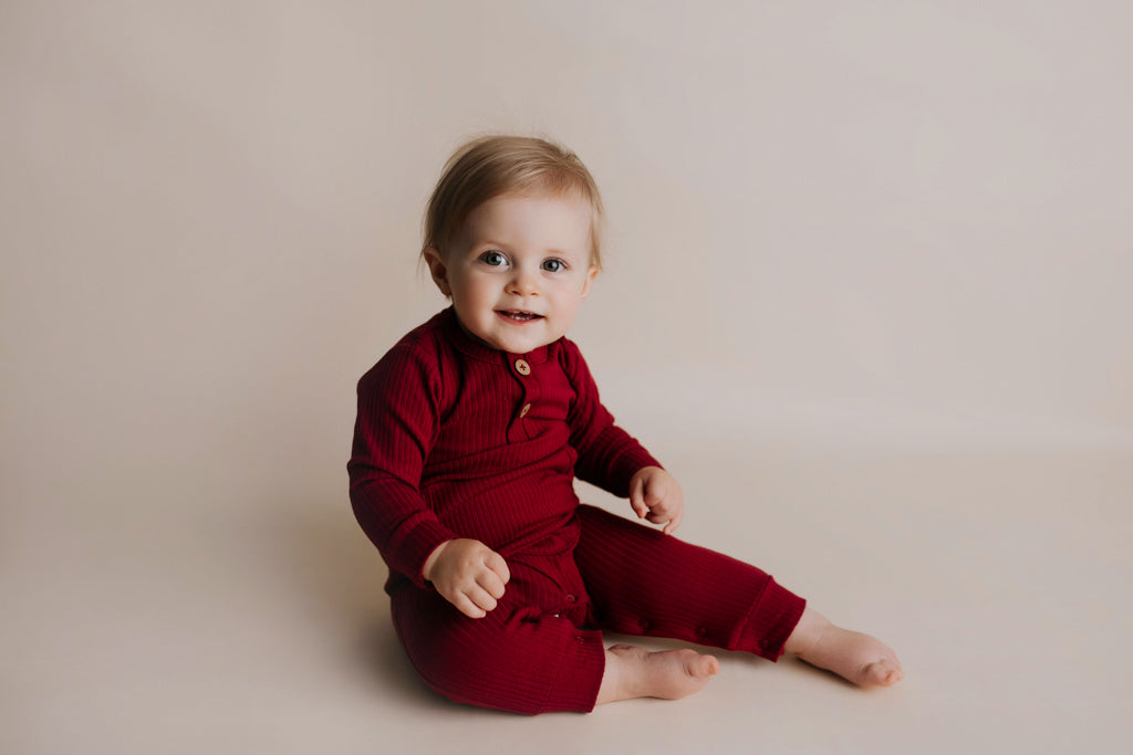 Ruby Red Baby Ribbed Playsuit With Pockets