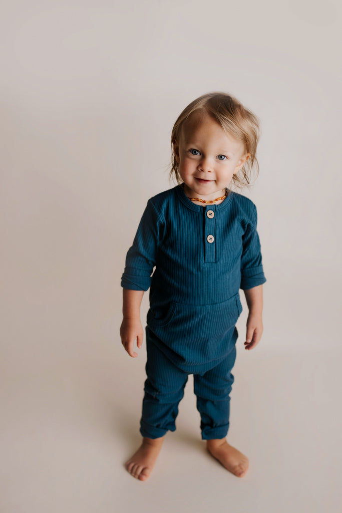 Navy Baby Ribbed Playsuit With Pockets