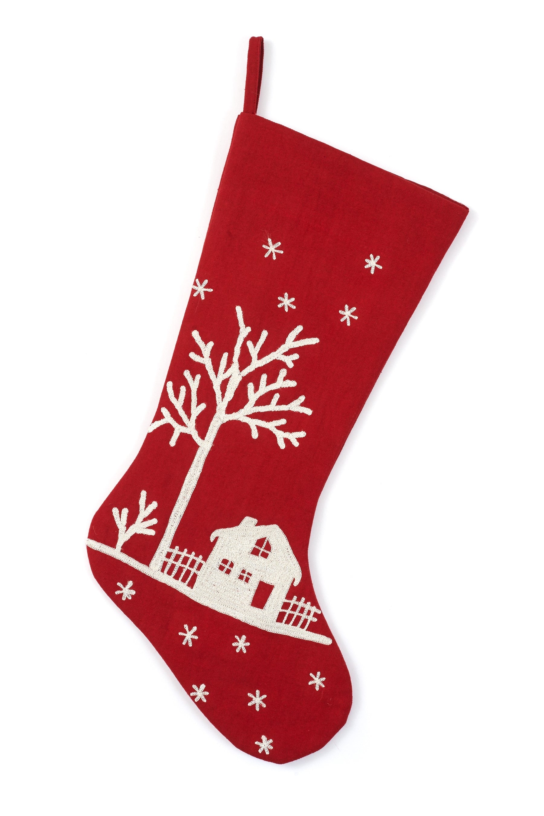 Handmade Christmas Stocking - Snowy Village Embroidered Scene On Red