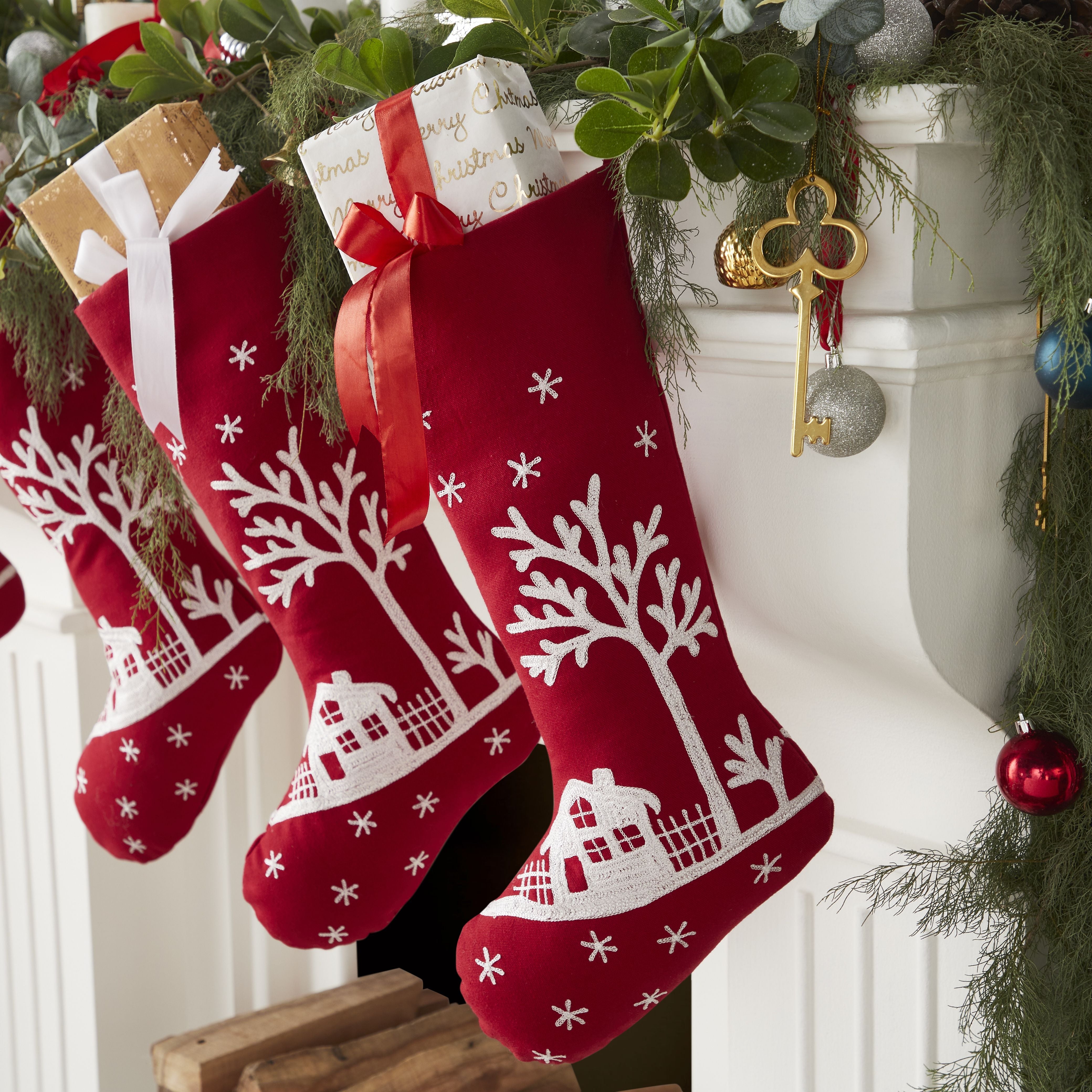 Handmade Christmas Stocking - Snowy Village Embroidered Scene On Red