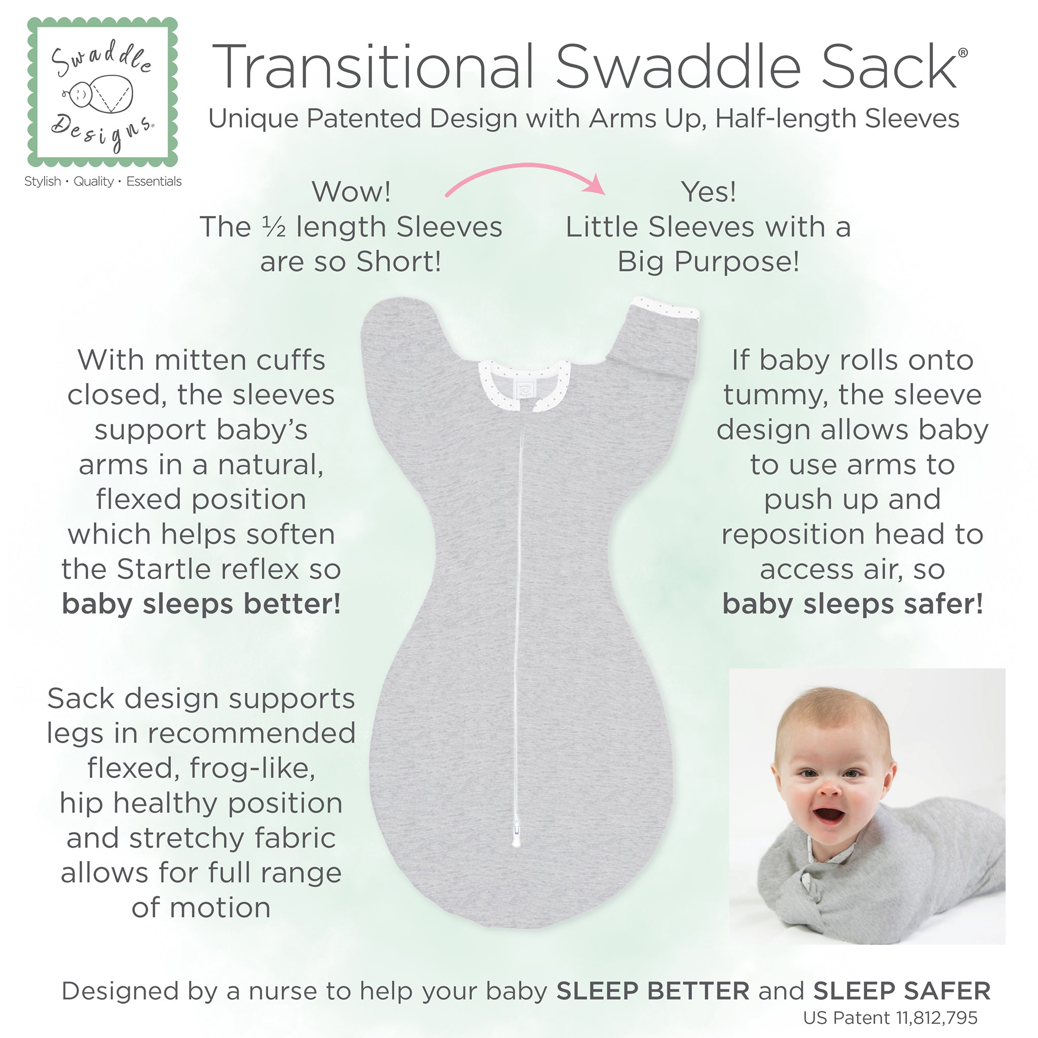Transitional Swaddle Sack - Arms Up 1/2-length Sleeves & Mitten Cuffs, Heathered Gray With Polka Dot Trim