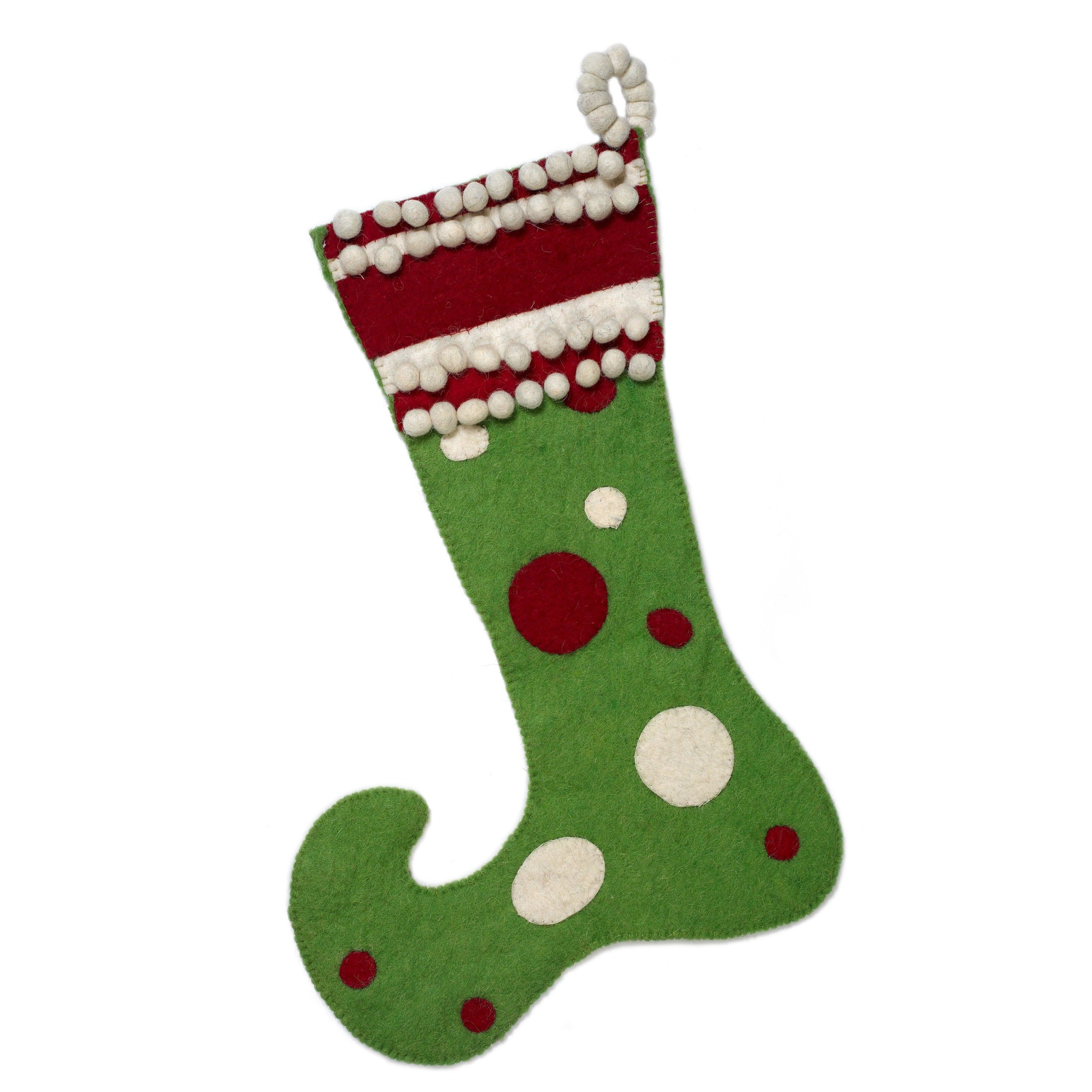 Hand Felted Wool Christmas Stocking - Green Jester With Red