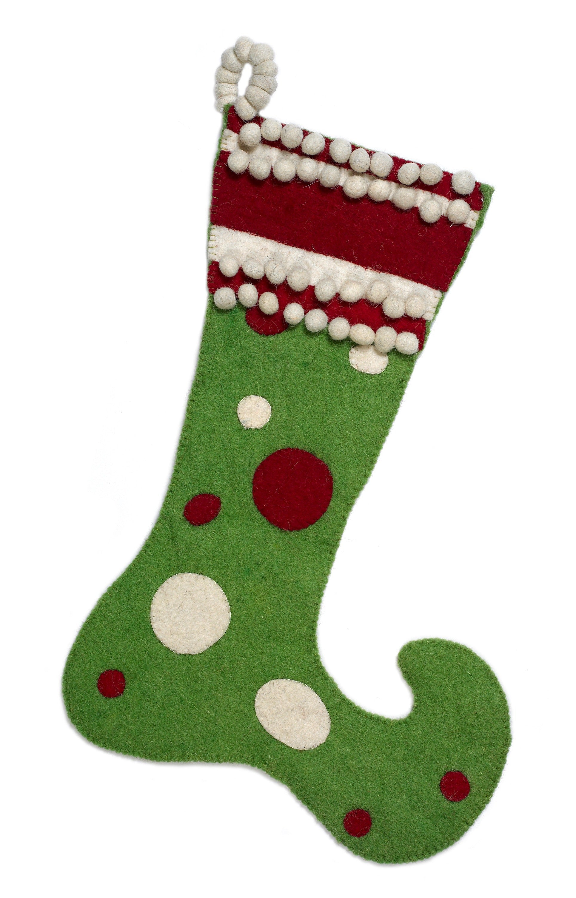 Hand Felted Wool Christmas Stocking - Green Jester With Red