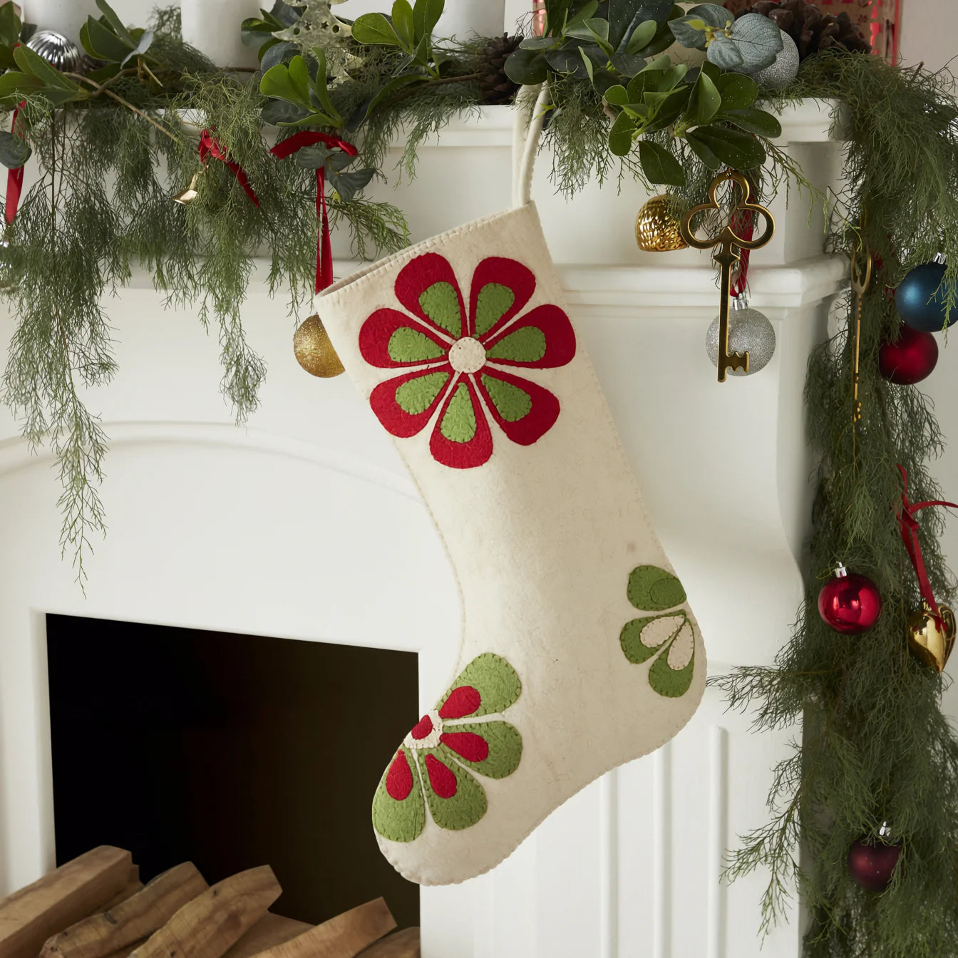 Hand Felted Wool Christmas Stocking - Flower Power Ivory Red And Green Arcadia Home