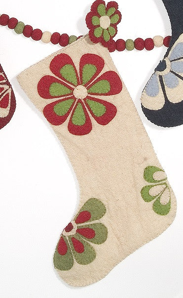 Hand Felted Wool Christmas Stocking - Flower Power In Ivory With Red And Green