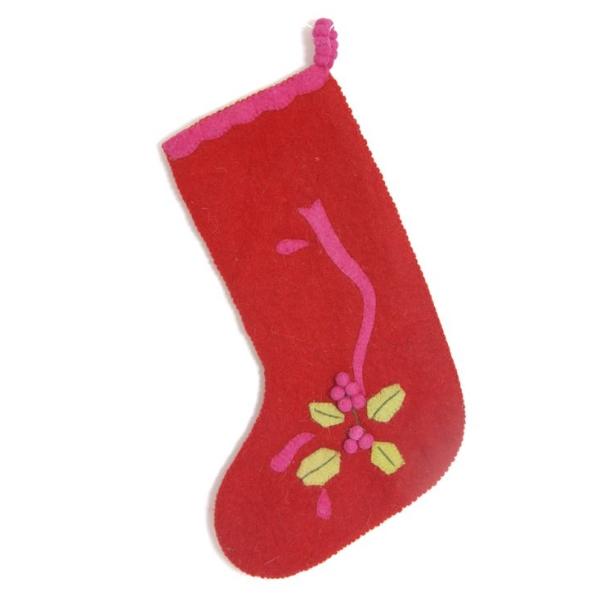 Hand Felted Wool Christmas Stocking - Holly Berry On Red