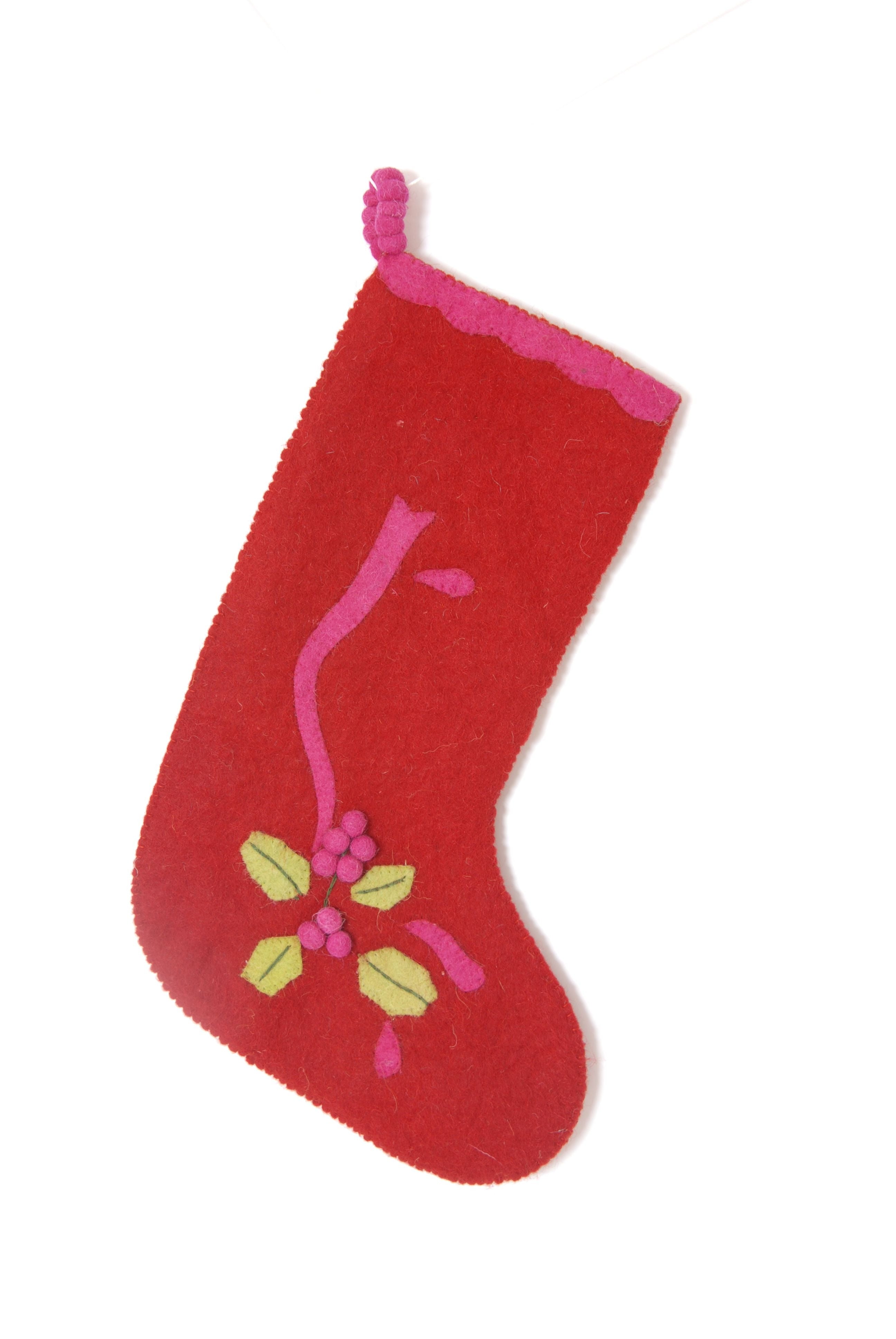 Hand Felted Wool Christmas Stocking - Holly Berry On Red