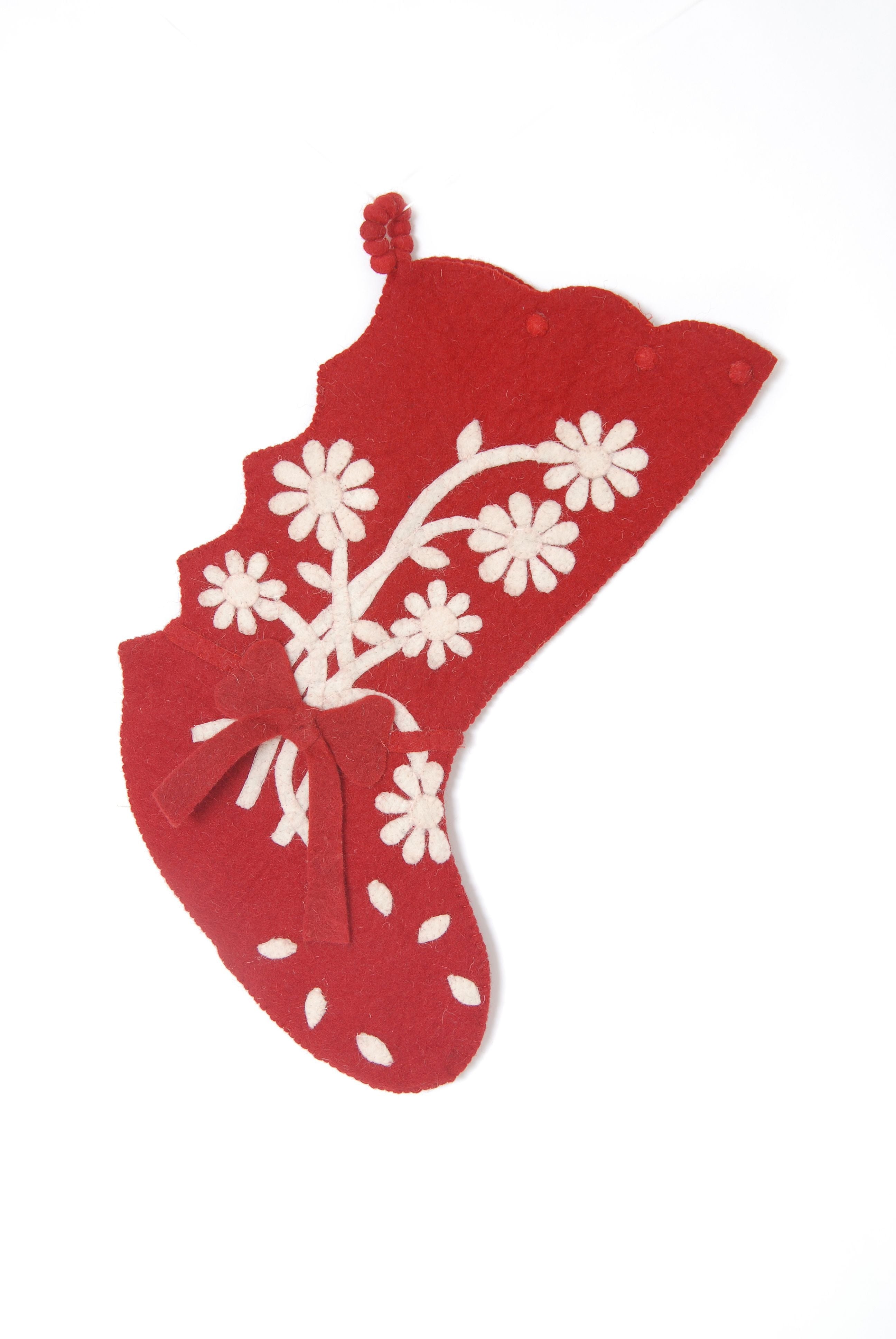 Hand Felted Wool Christmas Stocking - Flower Bouquet On Red