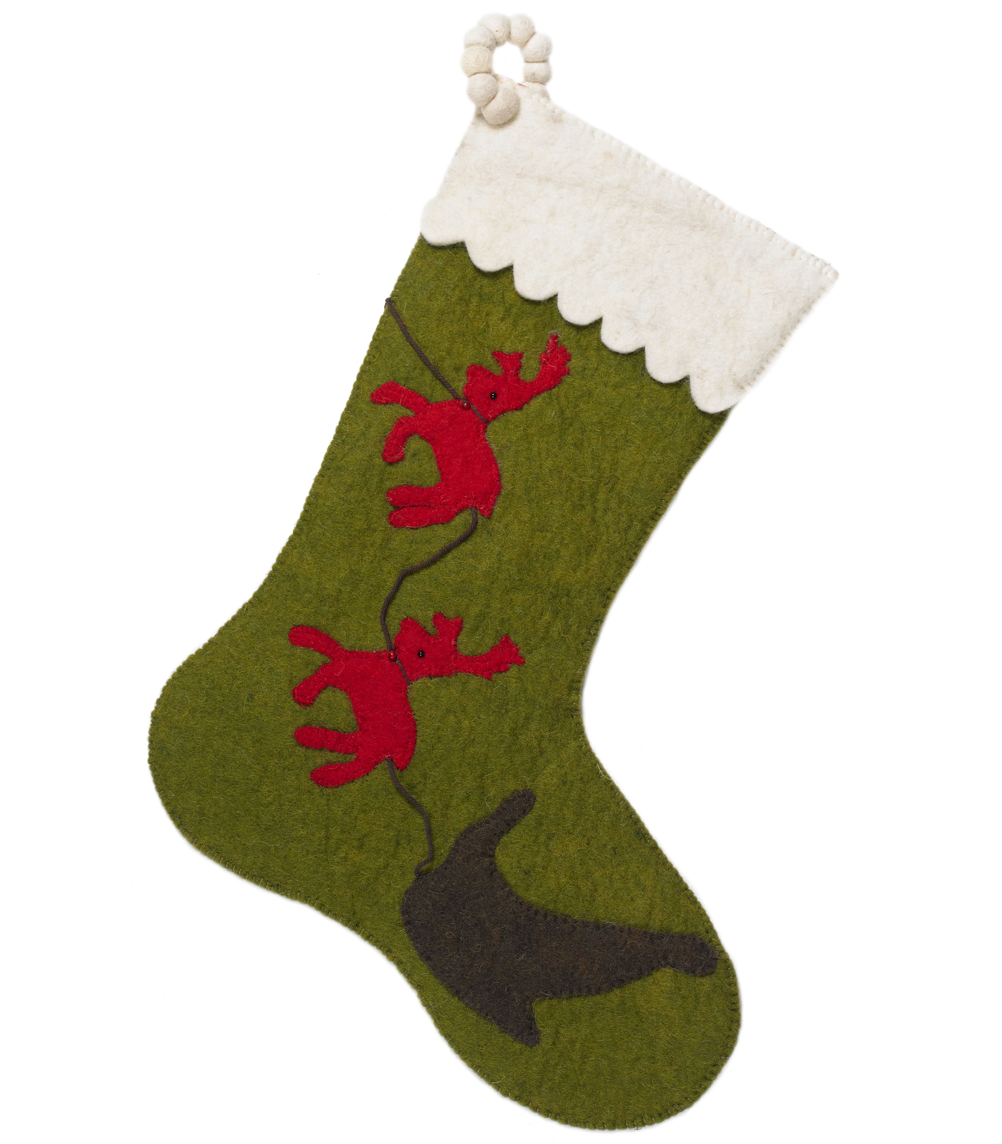 Hand Felted Wool Christmas Stocking - Red Reindeer On Green