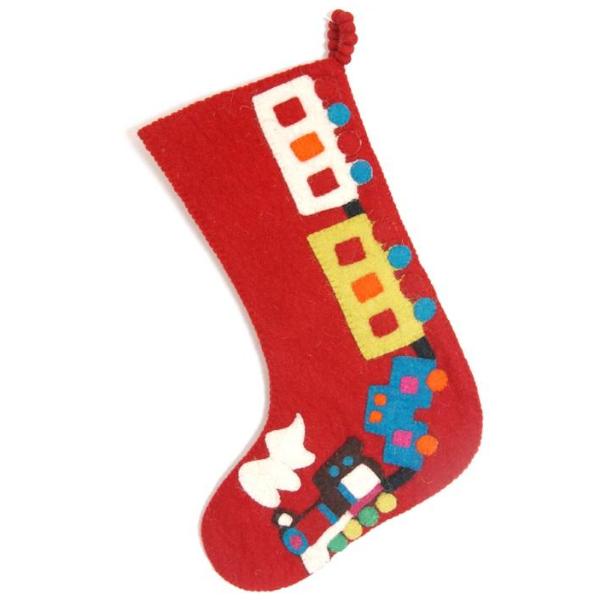Hand Felted Wool Kids Christmas Stocking - Train On Red