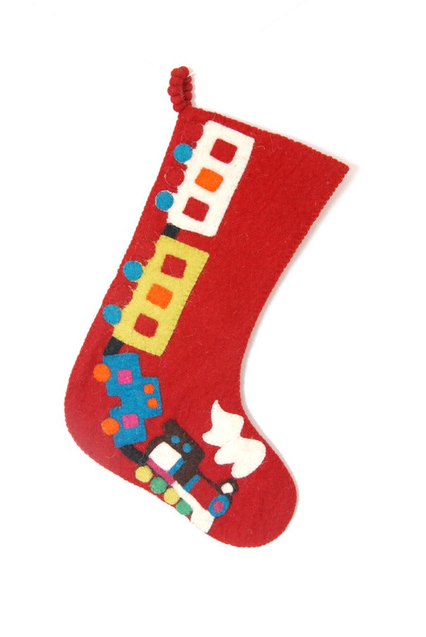 Hand Felted Wool Kids Christmas Stocking - Train On Red