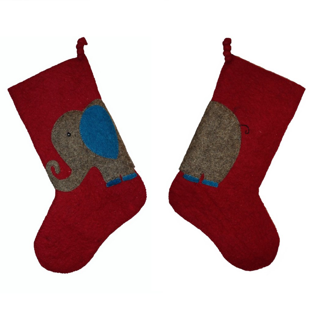 Hand Felted Wool Kids Christmas Stocking - Double Sided Elephant Stocking On Red