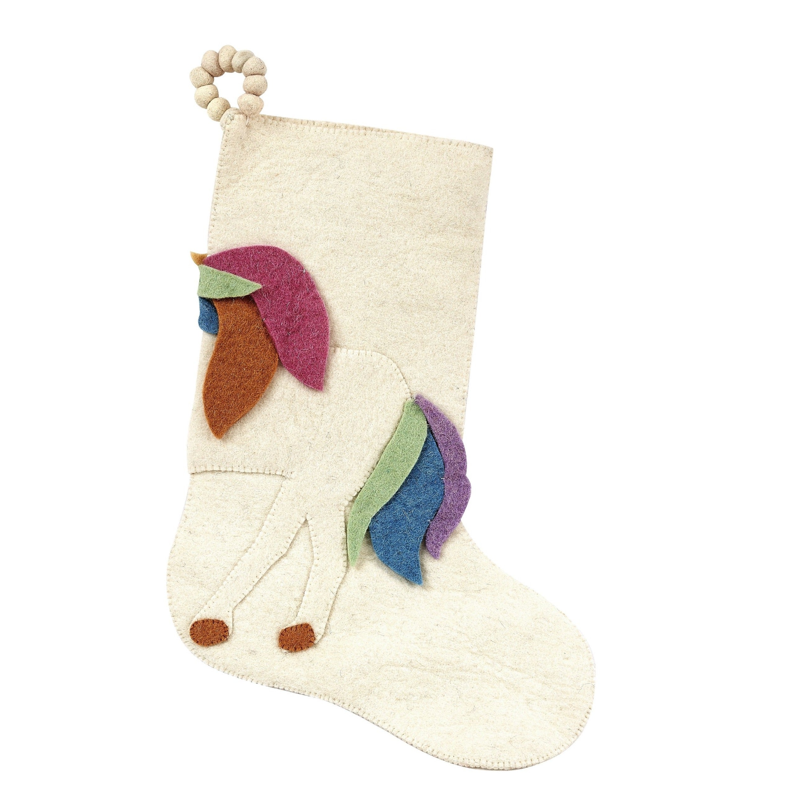 Unicorn On Cream Christmas Stocking In Hand Felted Wool