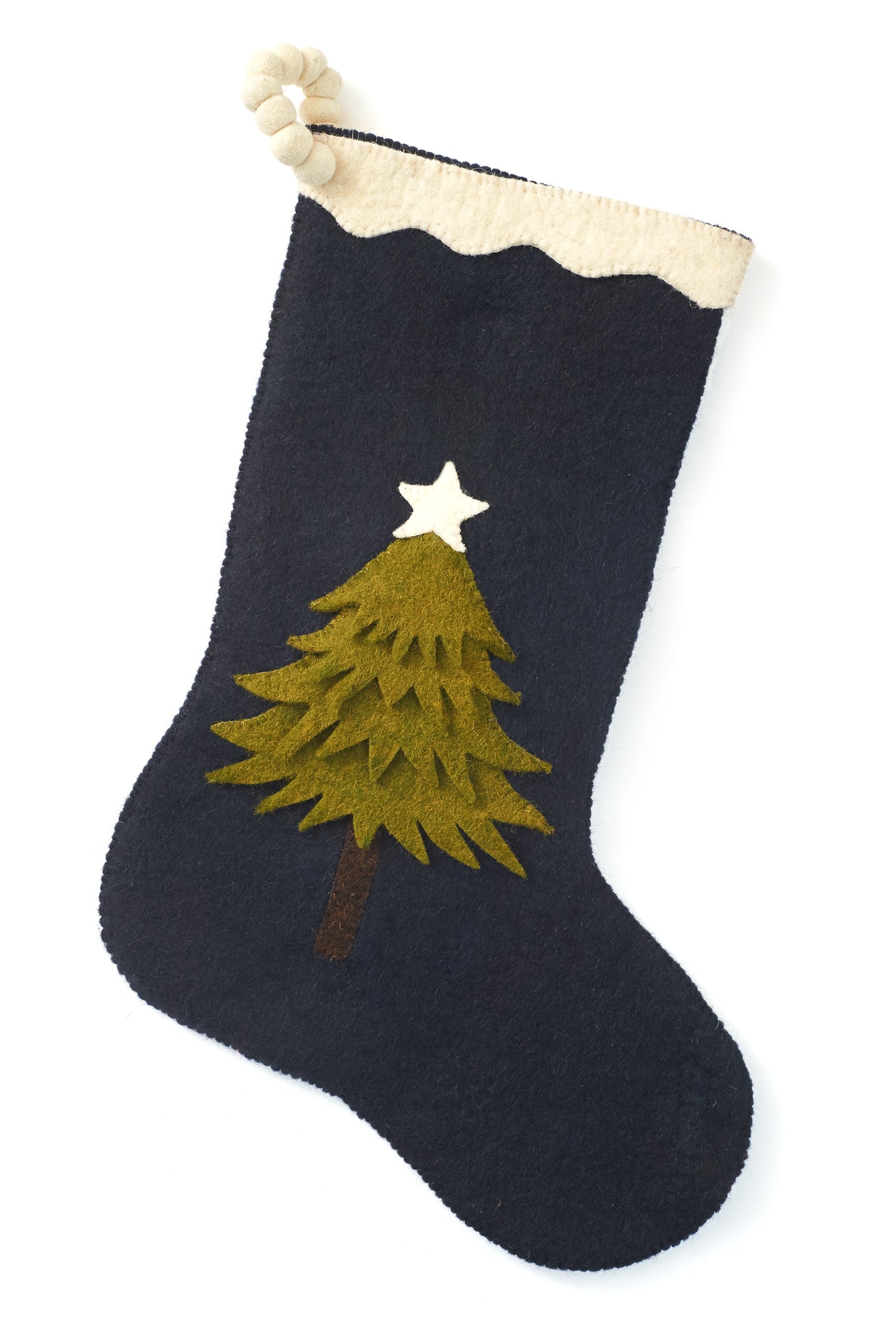 Hand Felted Wool Christmas Stocking - Tree On Navy Blue