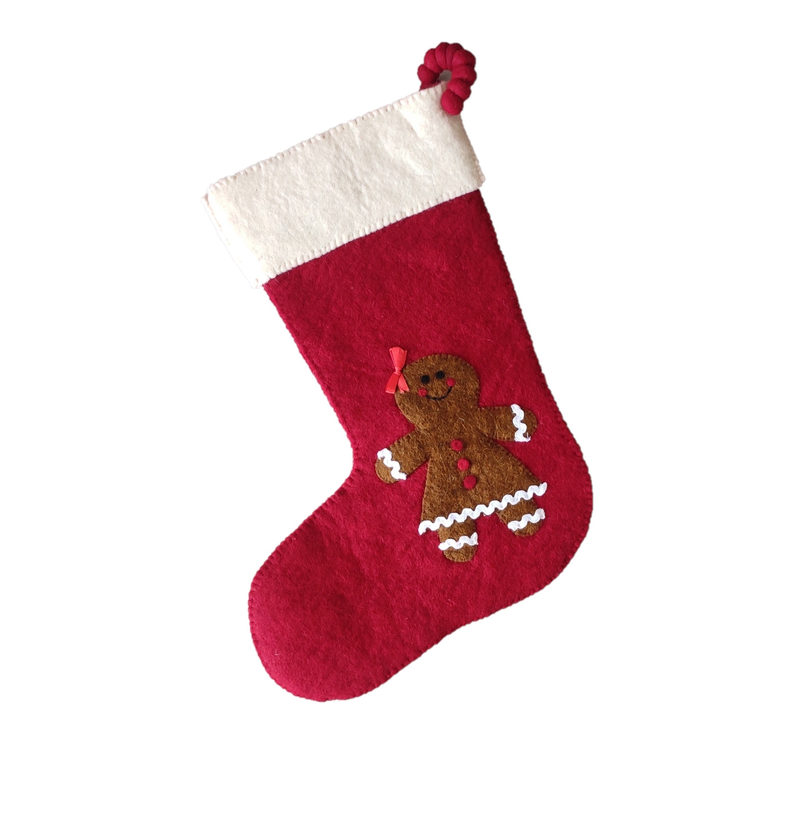 Gingerbread Girl On Red Christmas Stocking In Hand Felted Wool